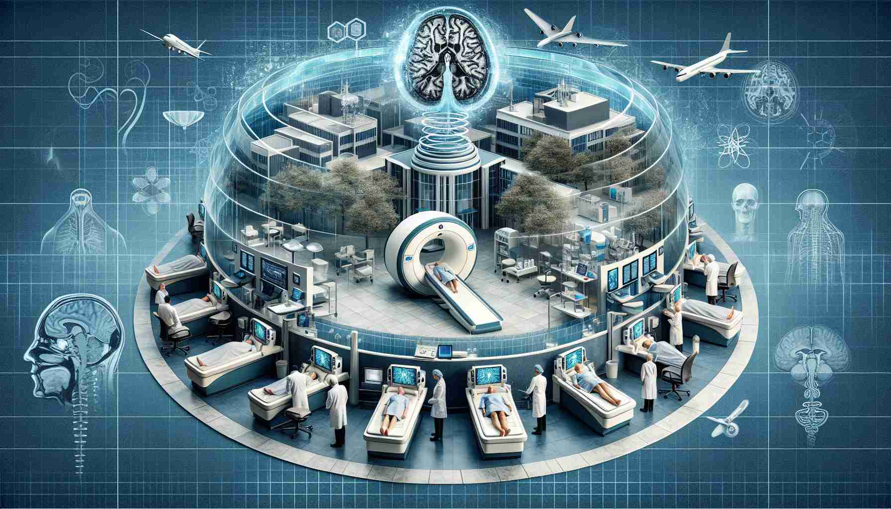 Create a high-definition image that signifies the transformation of neurological healthcare in the region of Jersey. Conceptualize an advanced medical center with state-of-the-art technologies like MRI machines, EEG scanning devices, and other neurological tools. Incorporate innovatively designed facilities and supportive medical personnel of various descents and genders. Additionally, depict a vast improvement in resources as compared to a traditional setup to symbolize progress and transformation.