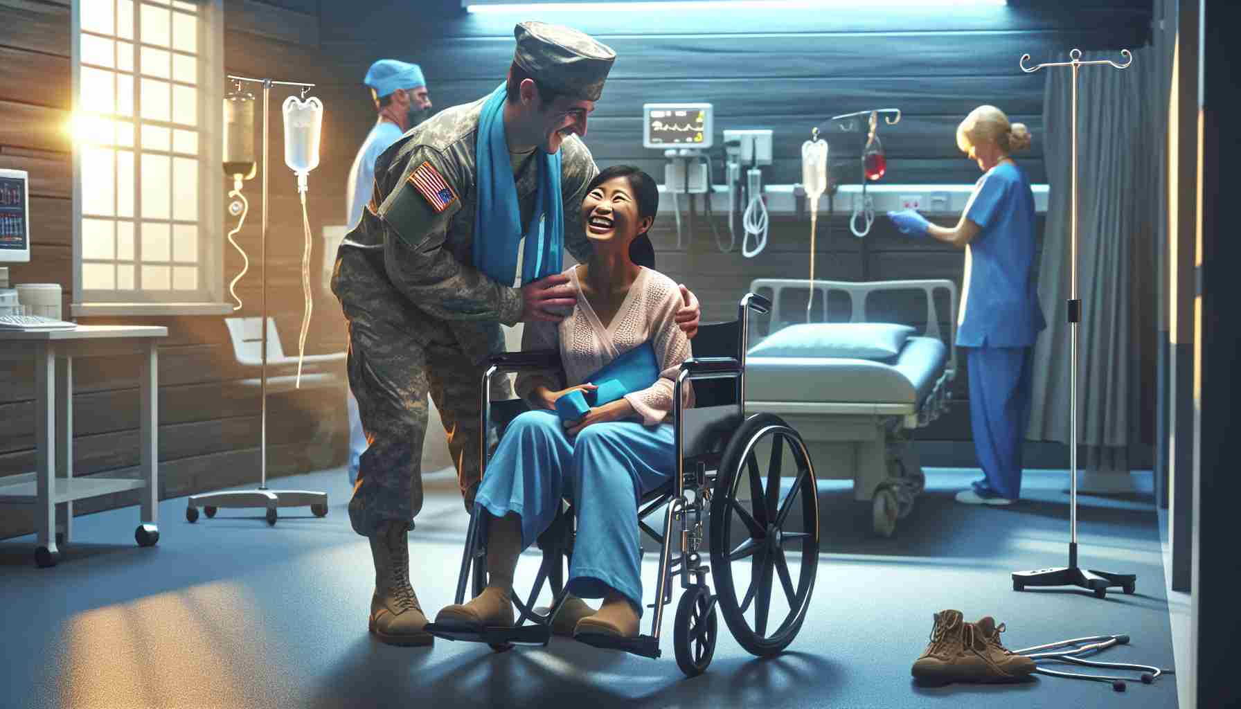 A high resolution, realistic image that illustrates the concept of improved access to veteran healthcare. The scene could include a joyful veteran receiving medical assistance in a well-equipped healthcare facility. The veteran's identity is not specific; use creative liberty to depict an individual who reflects diversity, such as a South Asian female veteran. There might also be symbols of prevention and tragedy averted, such as a discarded crutch or wheelchair. Finally, the atmosphere of the scene could be hopeful and positive, underscoring the potential benefits of enhanced healthcare services for veterans.