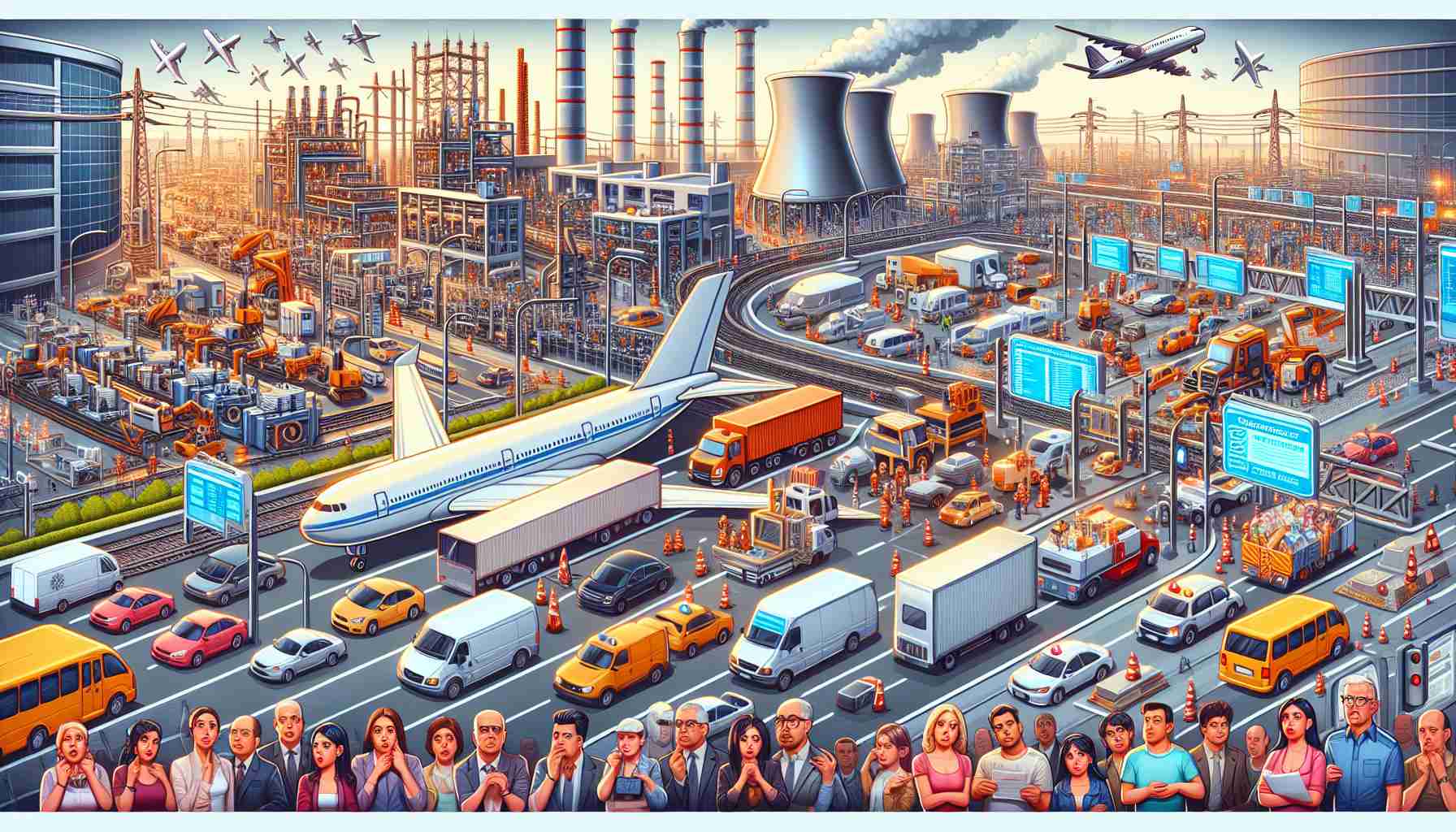 A detailed and realistic high definition depiction showcasing the situation brought about by a global outage resulting in chaos across multiple industries. The scene should display numerous factory lines halted due to a power outage, traffic jams with signal lights out, an airport scene with delayed and canceled flights, and computer servers down leading to unresponsive websites with connecting to server error messages. Also, illustrate a few worried faces of diverse range of people of varied descents and genders trying to manage the situation.