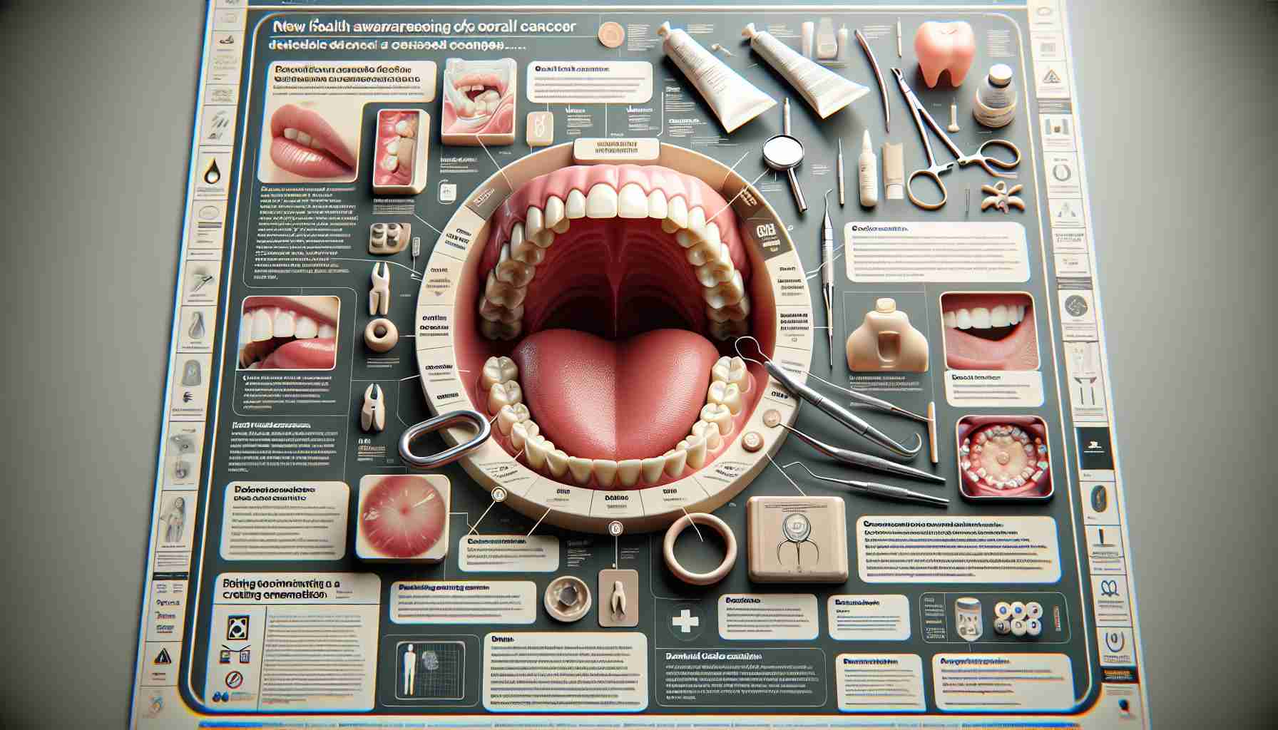 Detailed rendering of a realistic public health advertisement for a new initiative centered on oral health. The advertisement has clear and significant components related to raising awareness for oral cancer. It includes distinct visual elements like dental tools, oral care symbols, and references to medical examinations, supplemented with text that educates the viewer about the dangers of oral cancer and the importance of regular check-ups. The image is intended to be viewed in high-definition for clarity of the information provided.