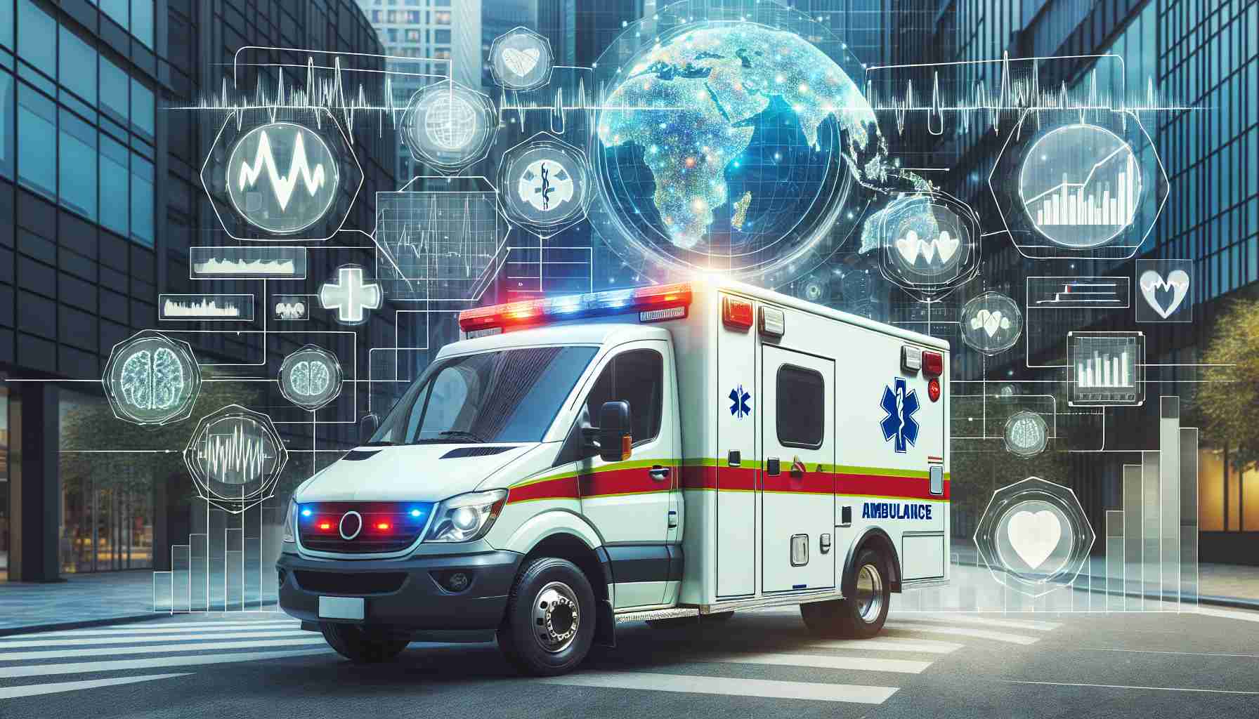 Design a high-definition photo realistic image showing various trends and patterns in health, represented by data visualization elements overlaying an image of an ambulance. This would include health maps, pie charts, bar graphs, line charts, and complex infographics. The ambulance should be parked in the midst of an urban backdrop, and the medical data visualization should seem like it's projected from the ambulance beacon, creating the impression of an interplay between real-world healthcare delivery and data analytics.