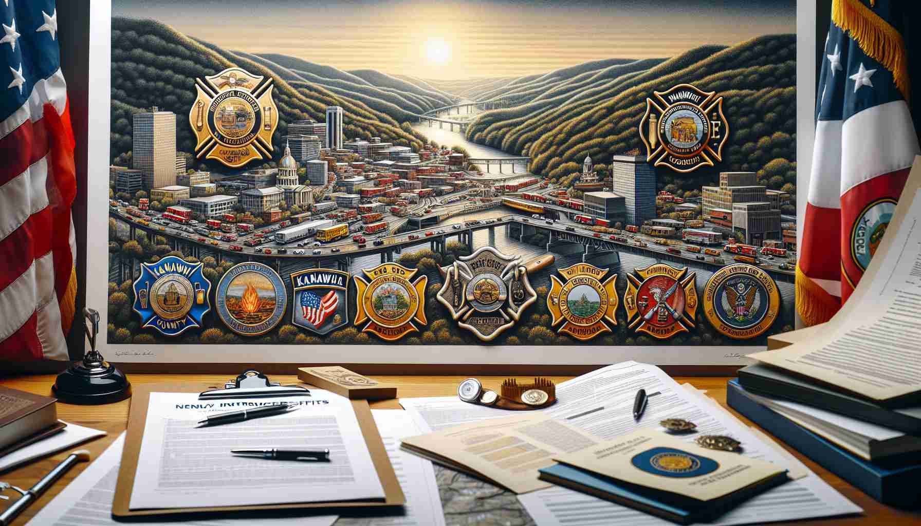 An image capturing the details of newly introduced benefits for firefighters in Kanawha County. This should include depictions of official documents, charts or graphs detailing the benefits, badges or symbols relating to the firefighting profession, and the relevant landscape of Kanawha County. Make it look very realistic and high-resolution.