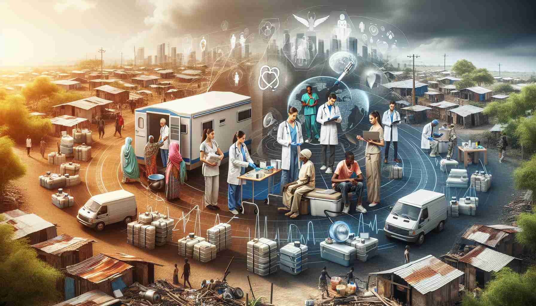 A high-definition, realistic image showcasing the transformative impact on healthcare delivery for underserved communities. There should be multiethnic volunteers and health professionals of different genders working together using innovative tools and technologies. Scenes might depict mobile clinics, telehealth consultations, and local residents receiving comprehensive, quality health services, highlighting the significant improvement in healthcare accessibility. Units of used medical supplies should also be visible, symbolizing the equipment used for the medical treatments. The background could show a rural landscape, a distressed urban setting or a makeshift settlement, representing the underserved communities.