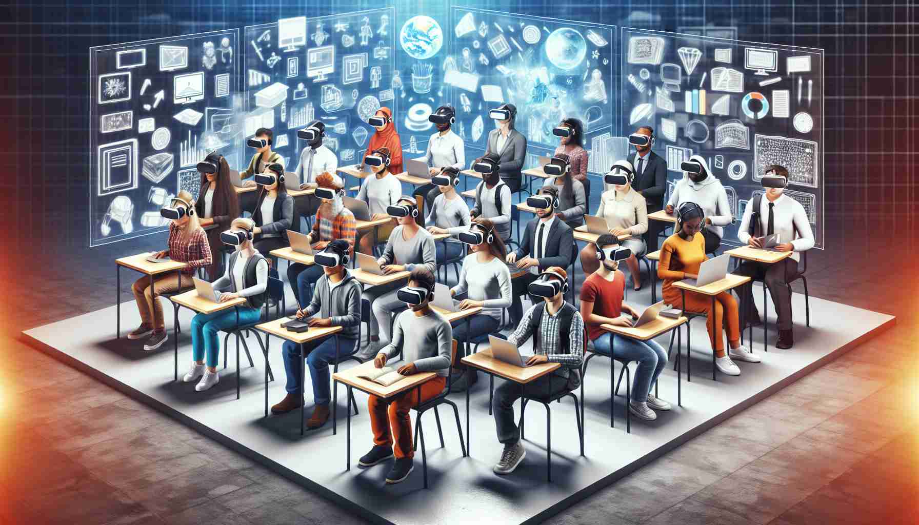 An image in high definition depicting the concept of the rise of virtual reality in education. The scene may highlight a diverse group of students of various descents such as Caucasian, Hispanic, Black, Middle-Eastern, and South Asian, all engaged in learning via VR headsets. You may choose to show a variety of educational settings like a classroom, library, or home. The main theme should predominantly reflect how virtual reality technology is playing a transformative role in modern education.