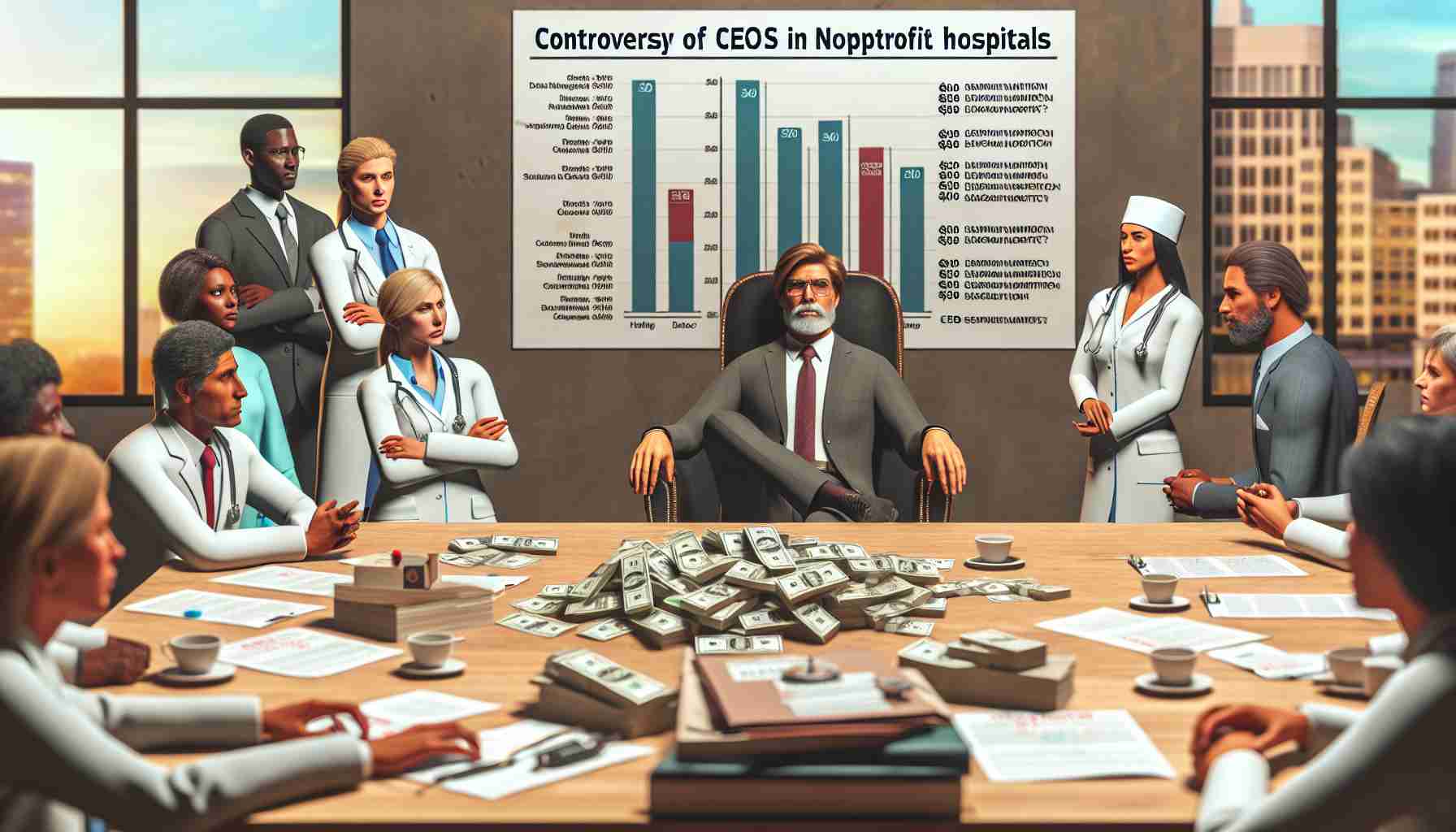 A high-definition, realistic representation of the controversy surrounding the salaries of CEOs in Nonprofit Hospitals. The image should depict aspects like a chart displaying high salaries contrasted with hospital expenditure, a posh office hinting at a CEO's lifestyle, and workers showing signs of concern or disagreement. There should be a mix of genders and descents among the hospital workers, including Black, Hispanic, and Caucasian men and women.