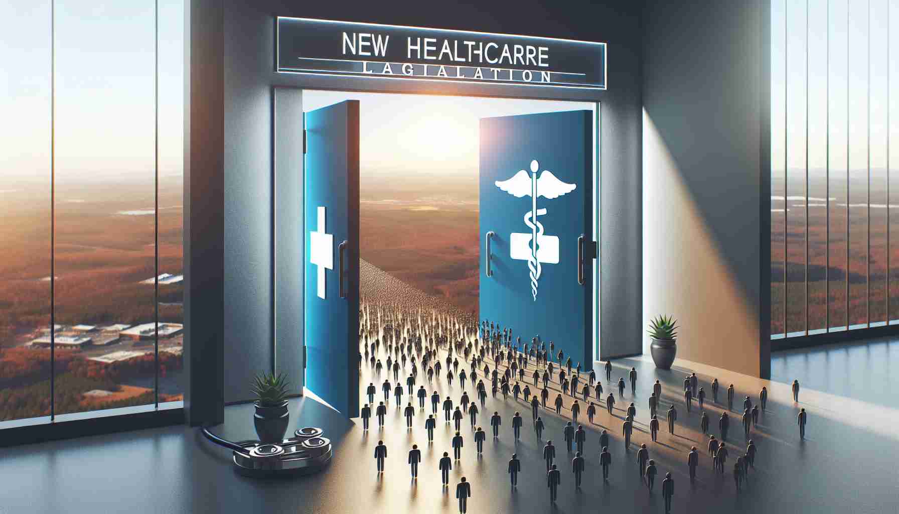 An accurate, high-definition image representing the new healthcare legislation in North Carolina that is opening doors to medical assistance for thousands of citizens. The image should include a visual metaphor of large doors opening, representing access to healthcare. Additionally, include thousands of symbolic icons of people walking towards and through the open doors, indicating the residents it's benefiting. Overlay the image with a text specifying 'New Healthcare Legislation' to emphasize the theme.