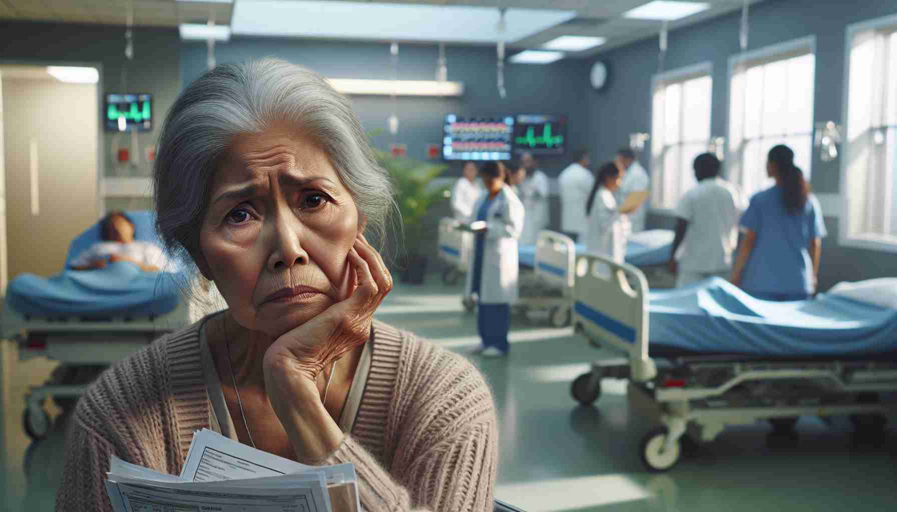 A high definition, realistic image that captures a poignant scene featuring a South Asian elderly woman in a hospital looking visibly distressed. This can highlight the shortcomings in the healthcare system. She has a furrowed brow, evident worry in her eyes, and is holding a few health-related bills and reports. Her surroundings are a busy general ward with overworked staff bustling about. The room has less-than-optimal healthcare equipment suggesting an underfunded hospital.