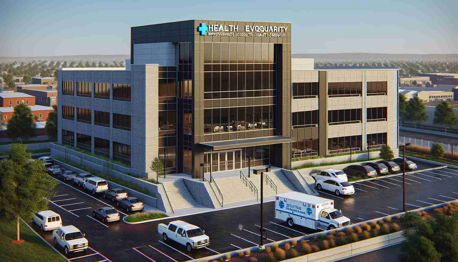 A high-definition, realistic rendering of the headquarters of a newly established Health Equity Organization. The focus of this organization is on providing improved access to healthcare services. The exterior should portray a modern, inclusive, and accessible facility, signifying its commitment to provide equal health opportunities for all. The organization's name proudly displayed on the building. Adjacent to the building is a parking lot with different health service vehicles parking there. Ensure to show the dynamic and active nature of healthcare work.