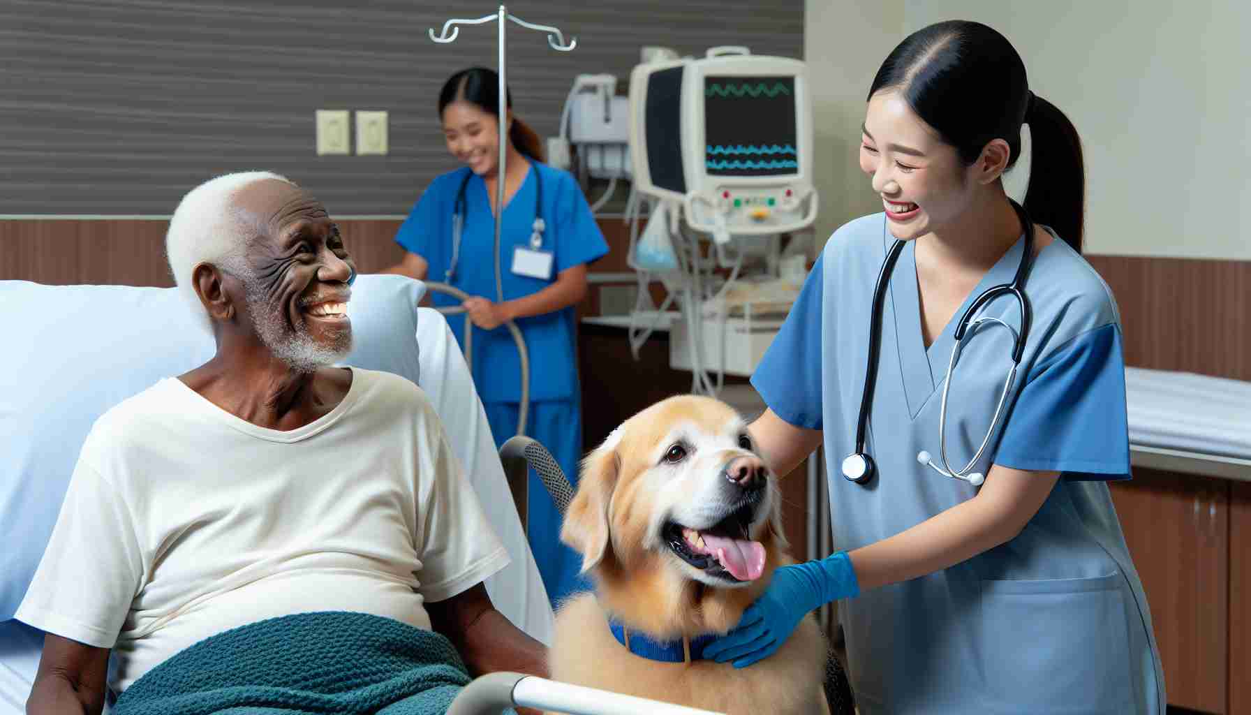 Depict a realistic, high-definition image that illustrates the benefits of implementing pet therapy programs in healthcare facilities. This could include, for instance, an Asian female nurse guiding a therapy dog to an elderly Black male patient's room. Show the patient's joyful expression and signs of relaxation as he interacts with the dog. Also include visible indicators that this is a healthcare facility like medical equipment, hospital beds, and staff wearing scrubs.