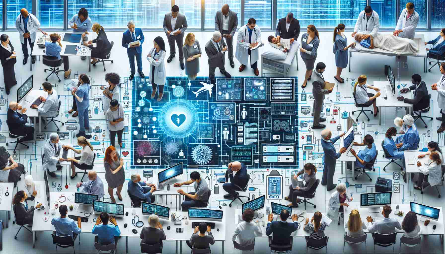 Generate a detailed, high-definition image that depicts the concept of transforming cybersecurity in healthcare systems. The image should include diverse individuals, both male and female, from various descents such as Caucasian, Hispanic, Black, Middle-Eastern, and South Asian, working on improving cybersecurity measures. Features in the image could include a variety of computer systems, complex network diagrams, secure servers, and multi-factor authentication protocols, all within a medical or hospital setting.