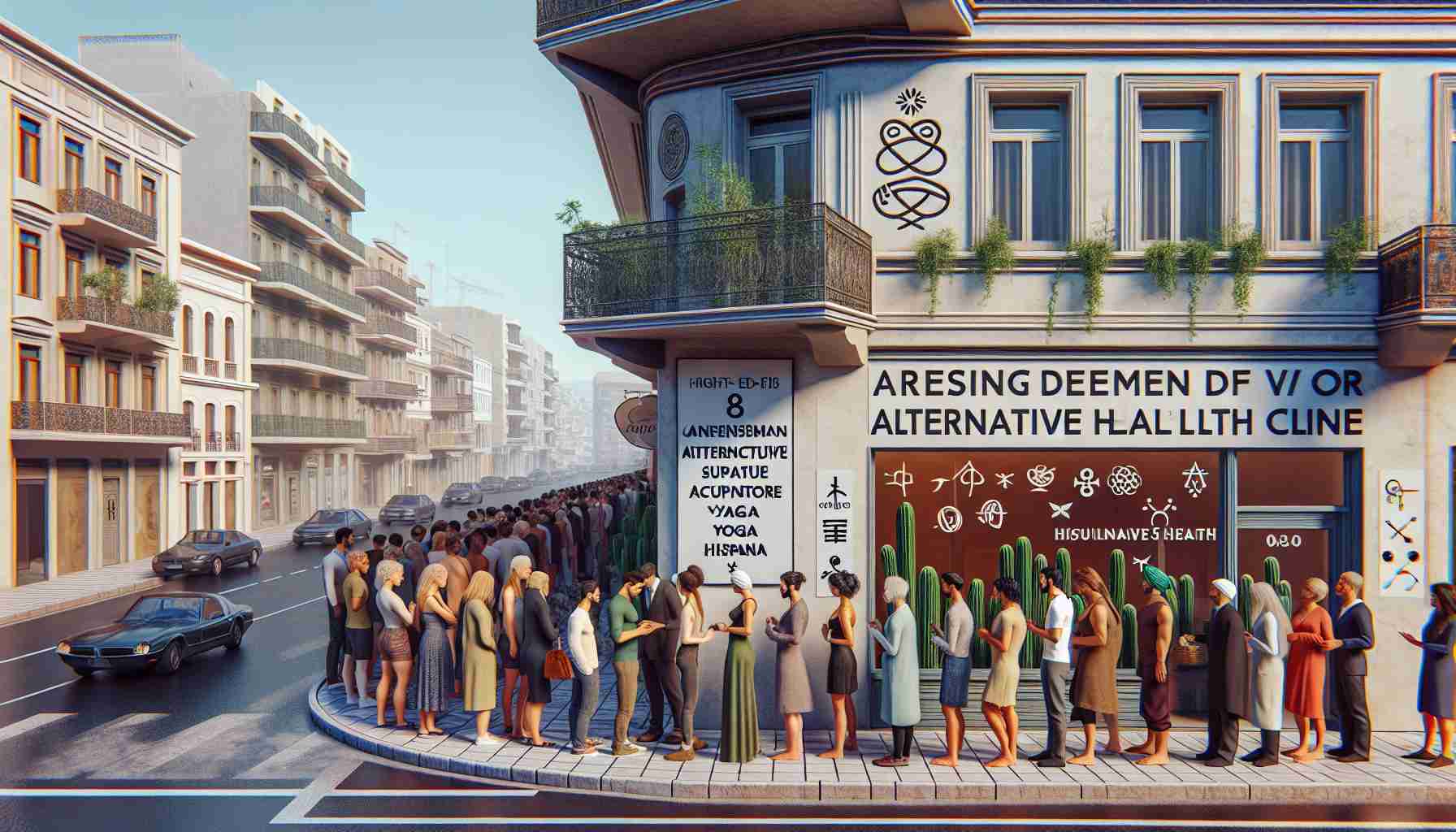 A high-definition, realistic image depicting the rising demand for alternative healthcare options in Northern Greece. This can be portrayed through a bustling street scene outside a well-established holistic health clinic, with a long line of diverse people eagerly waiting for their turn. The clinic exterior is decorated with symbols of herbal medicine, acupuncture, yoga, and other alternative techniques. Health conscious individuals from different descents, such as Caucasian, South Asian, Middle-Eastern, Hispanic, and Black, both genders, male and female, can be seen discussing the benefits of non-conventional treatments. The backdrop features conventional healthcare institutions in contrast, portraying the scenario.