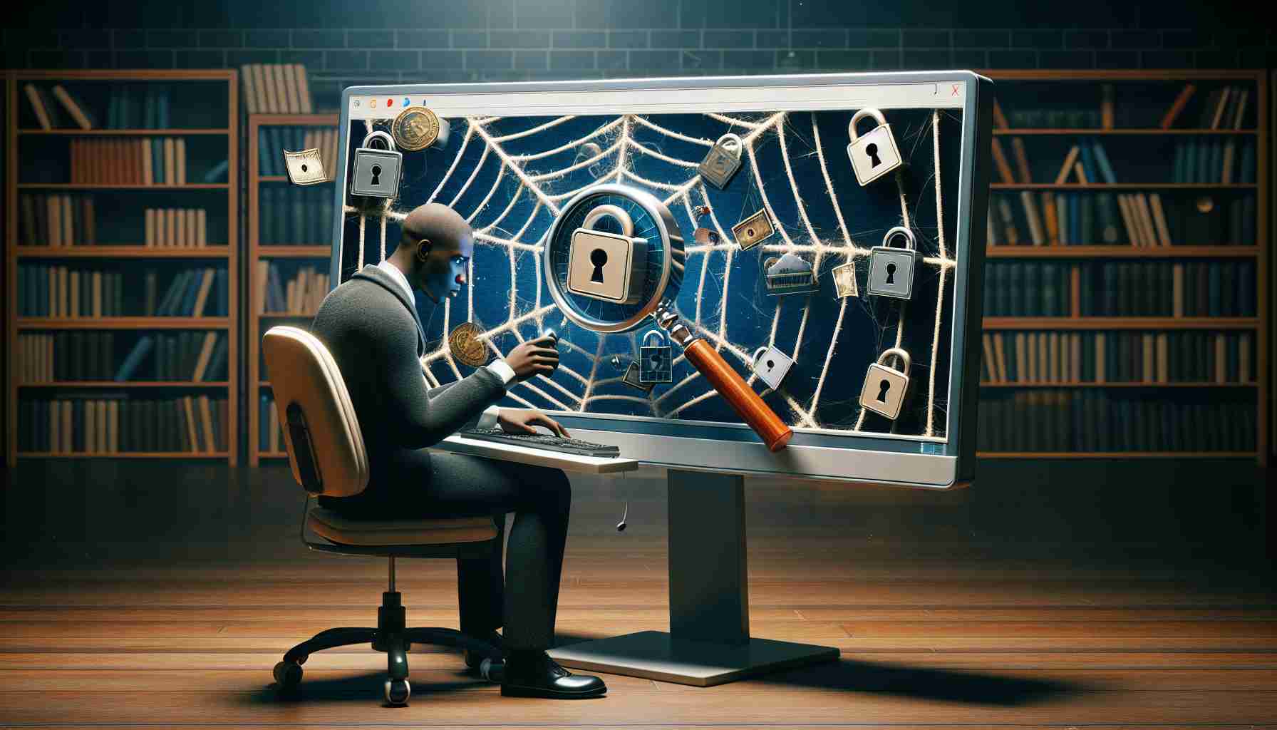 A detailed, high-definition image portraying the concept of web safety beyond the surface. This scene includes an individual of African descent sitting at a computer in a well-lit room. The computer screen displays a symbolic spider web with various safes scattered across it, representing secured online domains. At the edge of the web, there's a magnifying glass hovering over one of the safes, symbolizing the exploration beyond the surface level of web safety. The background depicts a pile of books related to cybersecurity and internet safety.