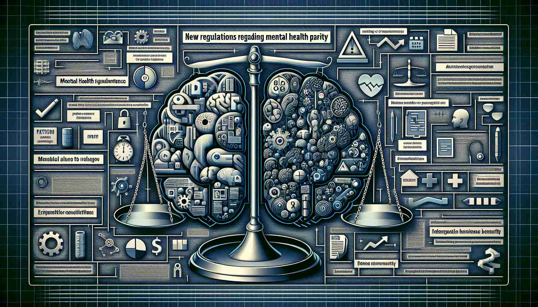 Generate a high-definition image illustrating the overview of new regulations regarding mental health parity. The image should be realistic in style and comprehensive visually. It can include an assortment of related symbols and imagery such as an image of the human brain, a balance scale indicating parity, and perhaps snippets of legal texts representing the regulations. The contents should be arranged in a compelling, visually balanced manner, creating a informative composition that conveys the importance and complexity of mental health parity regulations.