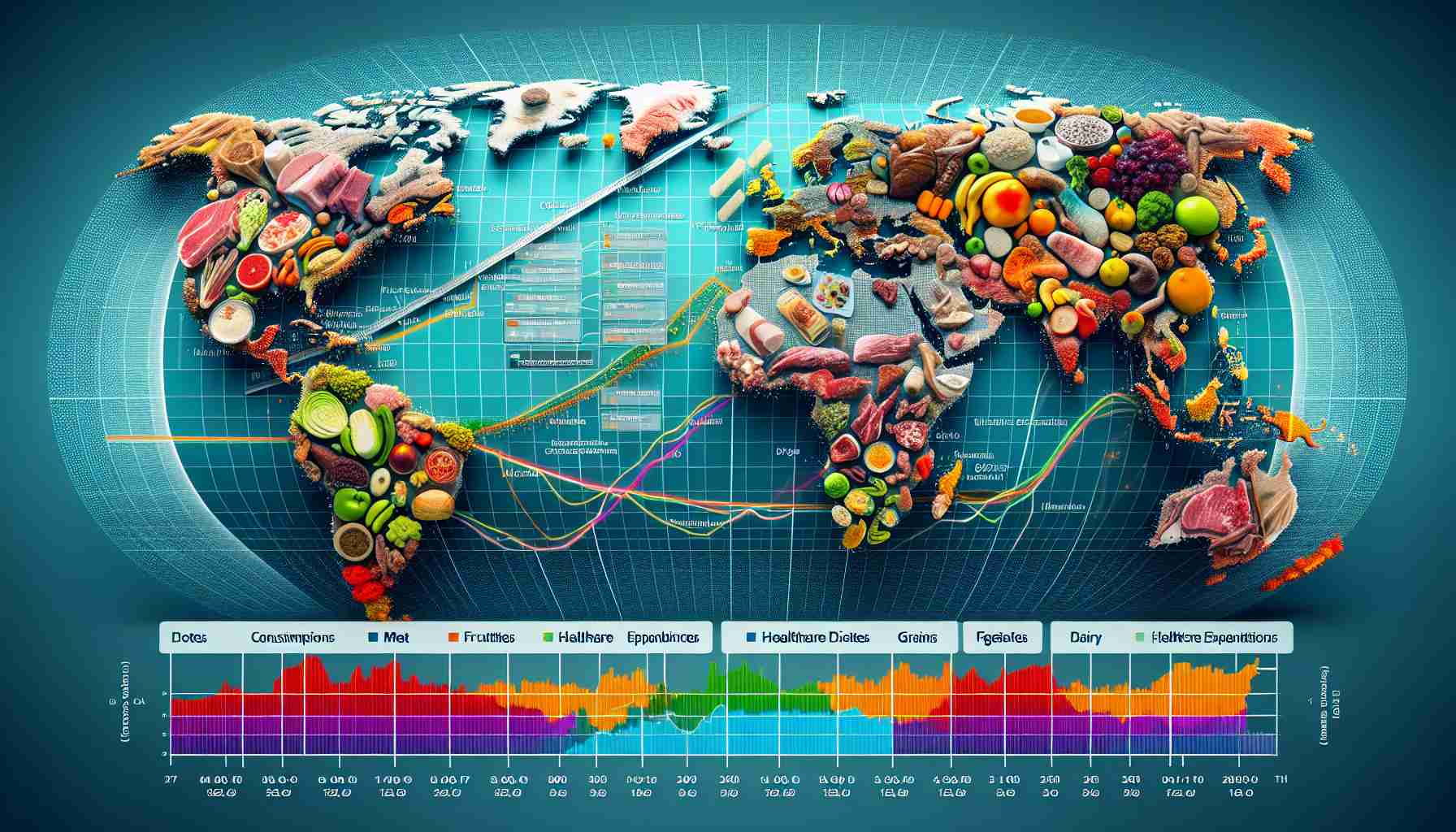 A detailed high-definition diagram visually representing the evolution of global diets over a timeline. The diagram breaks down different diet types per continent, showing changes in various food consumption trends such as meat, fruits, vegetables, grains, and dairy. On the same graphic, display the rise or fall of healthcare expenditures over the same period, with a correlation line to indicate possible relationships between diet and healthcare expenditures. The graph and dietary trends are accurately and meticulously represented with distinct colors for easier comprehension.