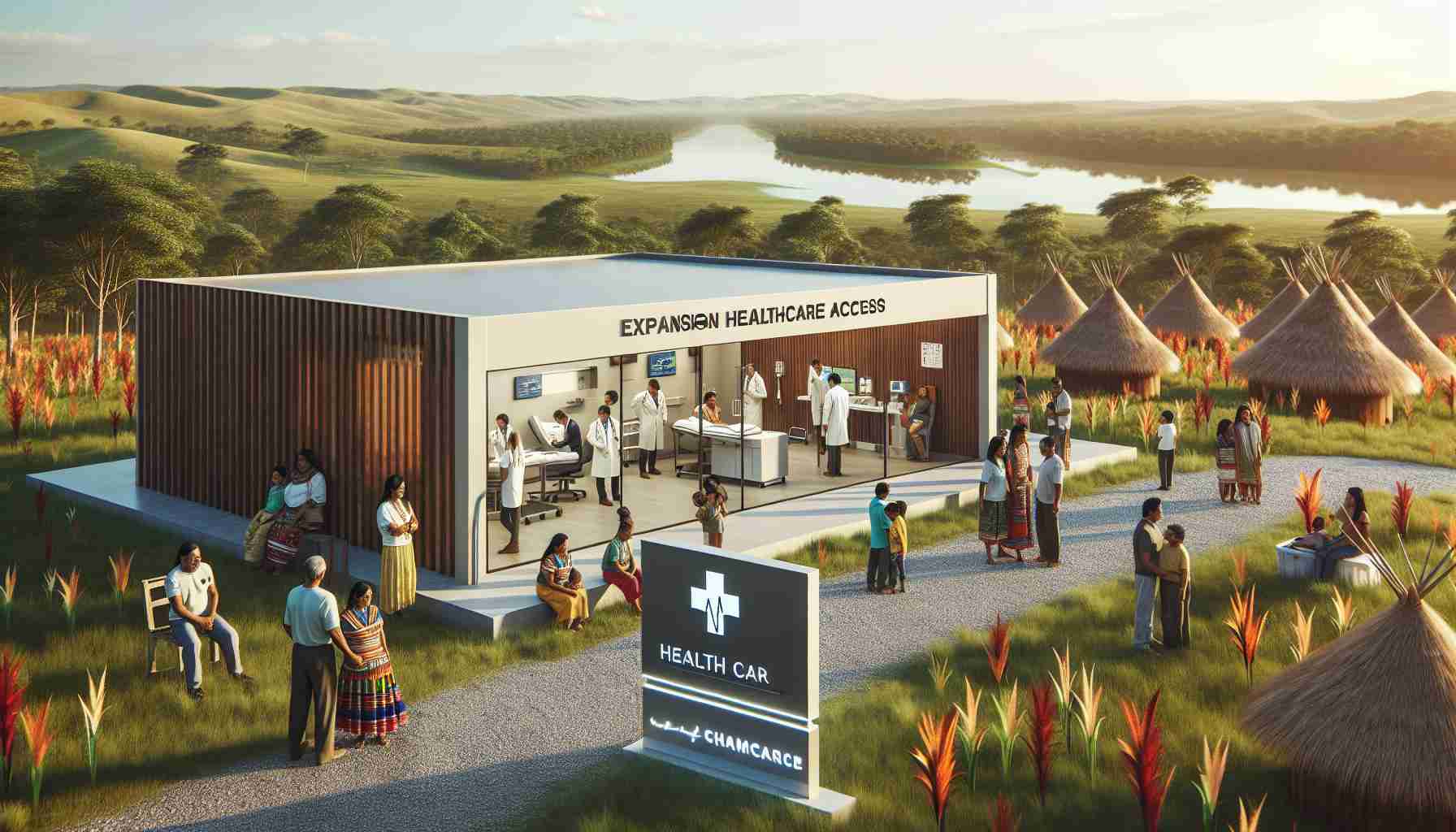 Generate a realistic, high-definition image depicting the expansion of healthcare access for Indigenous communities. The scene includes a modern healthcare facility nestled amidst rural landscapes, honoring the Indigenous land connections. Display Indigenous people of various descents including Hispanic, Middle-Eastern, and Caucasian, engaging in health-related activities such as doctors consultations, health check-ups, and fitness programs. The image captures the Integration of traditional indigenous heritage with contemporary medical facilities. Signage indicating the healthcare center in indigenous languages can also be included.