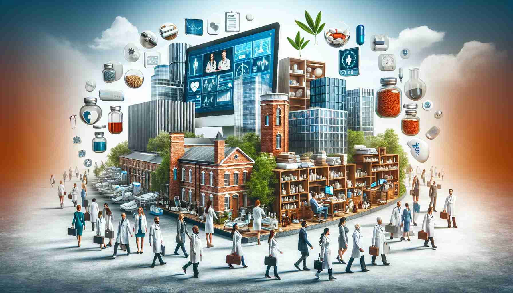 A high-definition, realistically depicted image of the evolving landscape of healthcare services. The image should capture various elements including a modern hospital building, state-of-the-art medical equipment, telehealth consultation on a computer screen, doctors and nurses of diverse descents and genders, integrated with traditional healthcare settings like an old brick hospital and wooden apothecary cabinet filled with herbs. Surrounding these elements, the scene suggests expansion and evolution, signifying the growth and transformation happening in the healthcare industry.