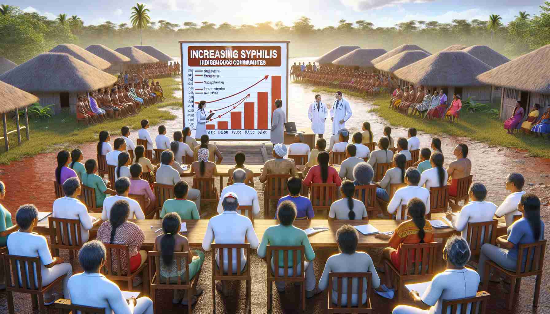 A high-definition, realistic illustration showcasing the phenomenon of increasing Syphilis cases in Indigenous communities. The scene includes a community meeting, with medical professionals educating a diverse group of indigenous people—men and women of various ages—about preventive measures and treatments. A large chart stands out, showing Syphilis statistics over time. The atmosphere is serious but hopeful, as community leaders and health officials are working together for a solution.