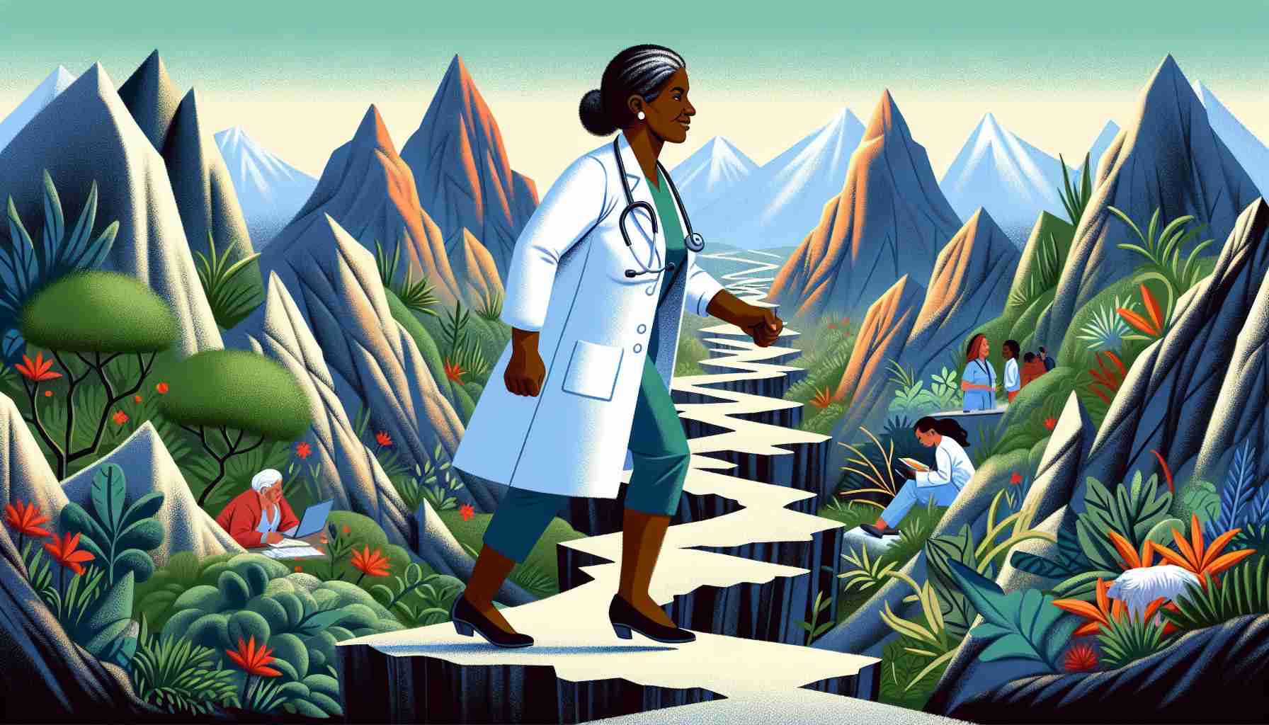 Illustrate in HD detail a determined, middle-aged Black female doctor, identifiable by her white lab coat with a stethoscope around her neck. Show her traversing a challenging landscape, representing a metaphorical journey. It could be full of mountains, chasms, or a dense forest, symbolizing various hurdles. Let the landscape morph into a smoother path towards the horizon, hinting at the gradual achievement of health equality. Elements like diverse characters reaping benefits in the background, thriving vegetation, and vibrant, harmonious colors may imply this positive change.