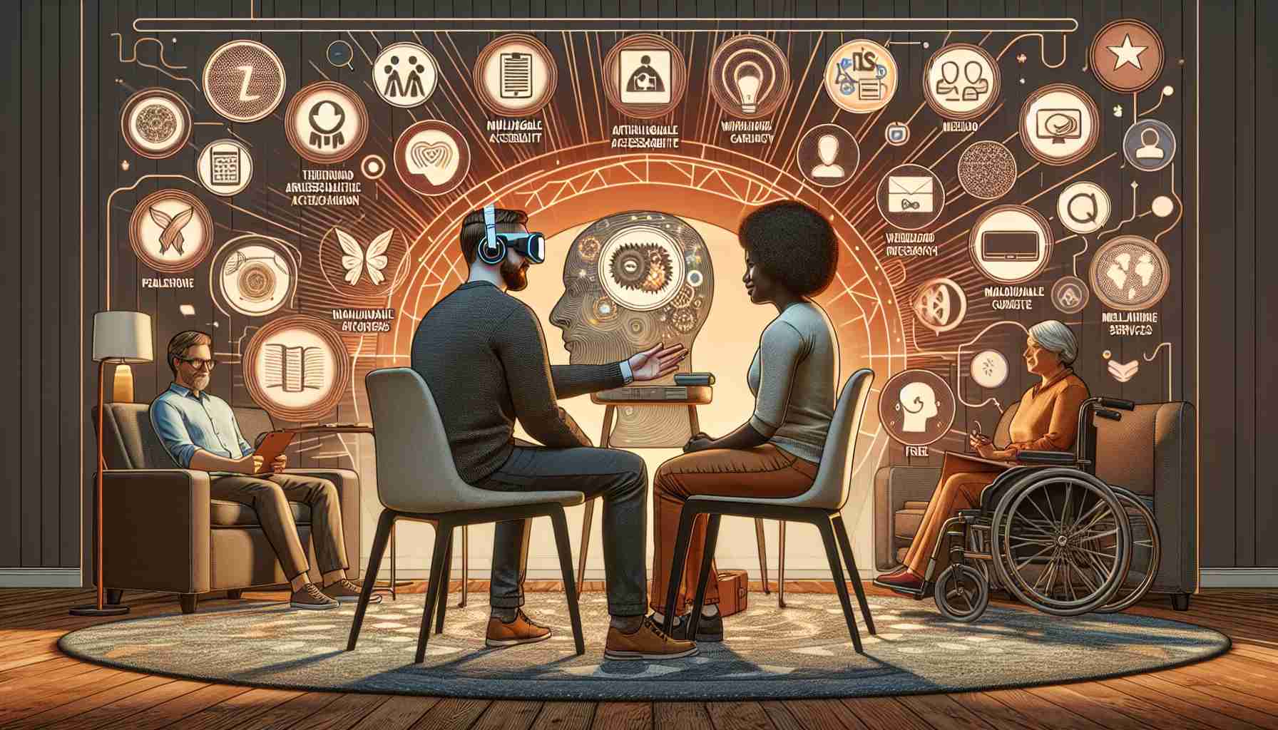 A detailed visualization of the forward movement in mental health care accessibility in America. The image depicts a Caucasian male and a Black female therapist in a welcoming and warm therapy room, focused on a session. There are innovative tools such as virtual reality devices, artificial intelligence-powered applications, and other technological advancements visible. Key indicators of diversity and inclusivity in the context of mental health care such as multilingual signages, wheelchair accessibility, and information about free or reduced-cost services can also be present.