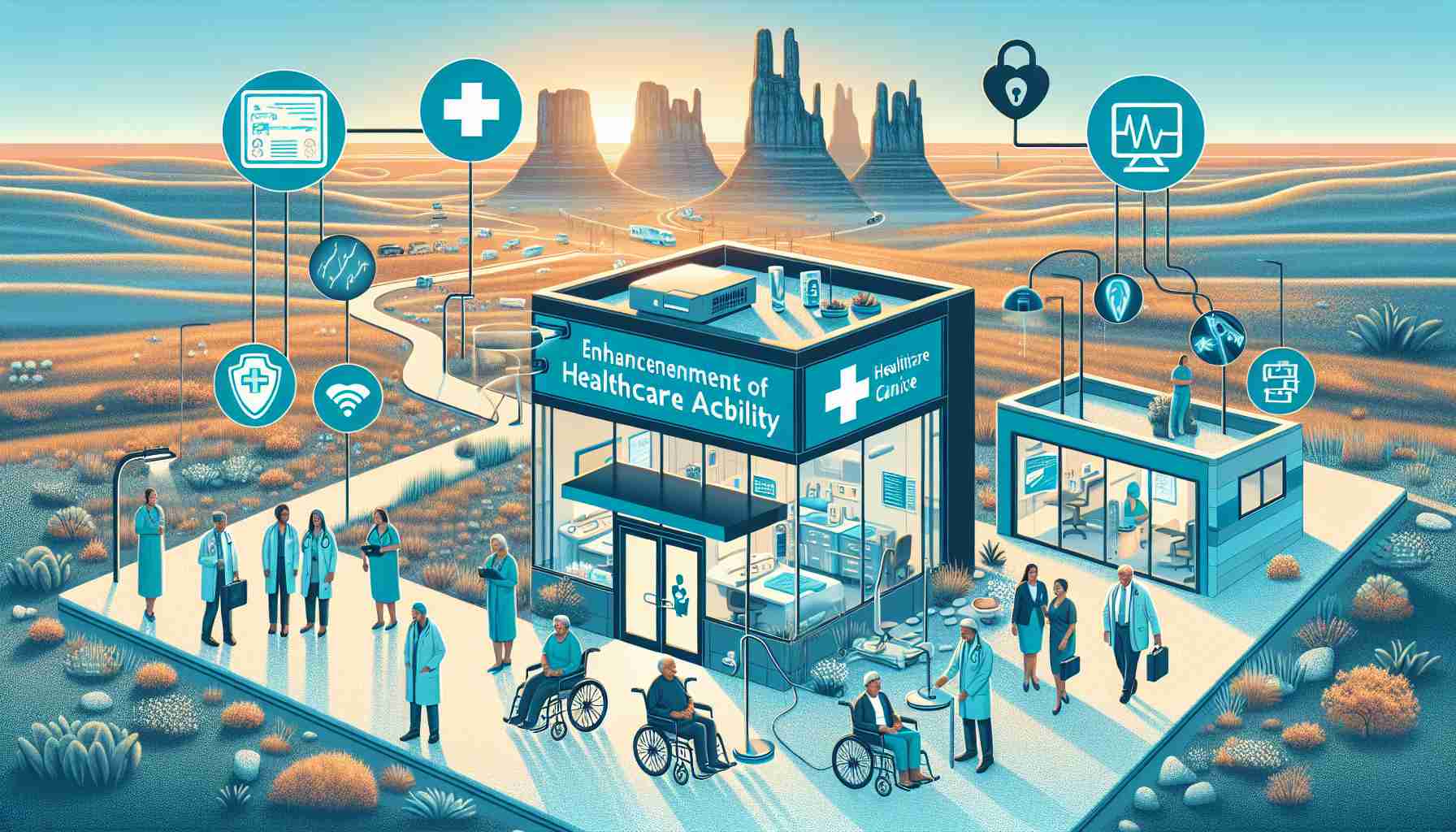 Generate a highly detailed, realistic image showcasing the enhancement of healthcare accessibility in South Dakota. This could include visuals such as a healthcare clinic running efficiently with ethnically diverse staff attending to patients of varied genders and descents, accessible medical equipments, and signage indicating that it's a healthcare facility. The background should have South Dakota's characteristic landscapes like prairies and the Badlands. There should also be symbols indicating technology improvements, such as modern medical devices, telemedicine platforms, etc.