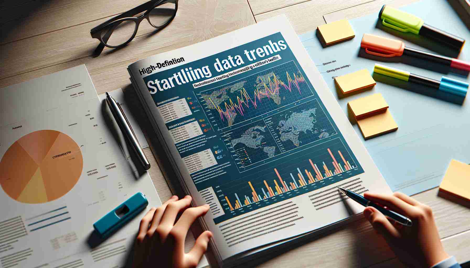 Generate an image of a realistic high-definition report showing startling data trends pertaining to children's health. The report should be laid out on a desk, open to a page with graphs and charts that clearly convey concerning statistics. The surrounding study should have elements such as reading glasses, a highlighter, and sticky notes, indicating that someone has been studying the data intensively.