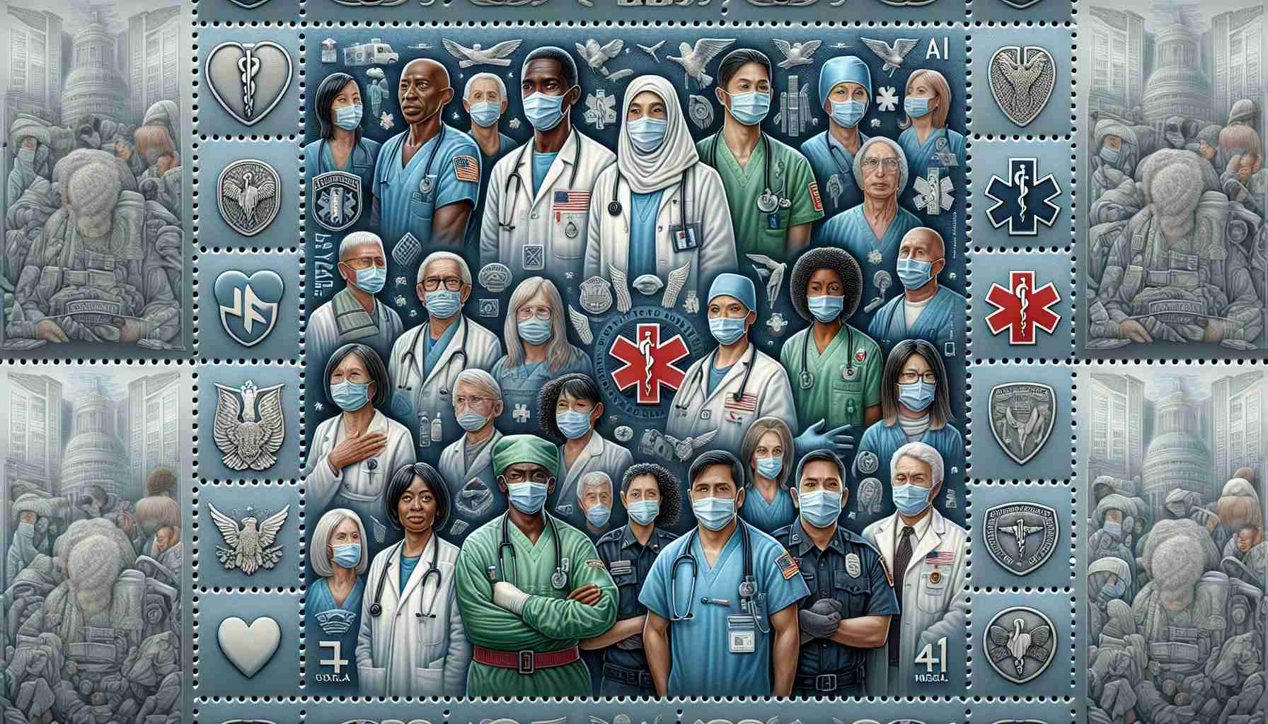 Realistic high-definition representation of a new commemorative stamp. This stamp is honoring the heroes on the frontline. The stamp features an intricate design with symbols and elements that represent the courage, resilience, and dedication of these heroes. The design includes a diverse range of healthcare professionals such as a South Asian female nurse, Caucasian male doctor, young Hispanic medic, and a mature Black paramedic showing their unity. There could be subtle elements like a stethoscope, ambulance, hospital, or masks to signify their field of work. The color palette is dominated by soothing and uplifting colors like blues and whites, with bits of reds and greens to create a contrast.