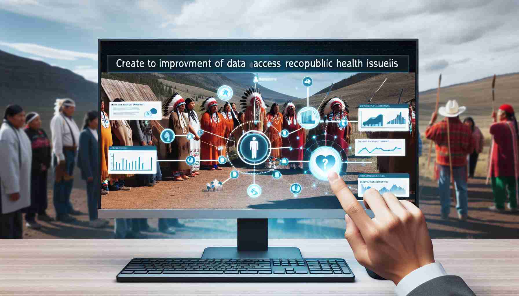 Create a realistic, high-definition image representing the improvement of data access regarding public health issues within a Native American community. It could illustrate a community member accessing health data on a computer or a digital information exchange. Additionally, show representations of Native American culture in the background to emphasize the community context.