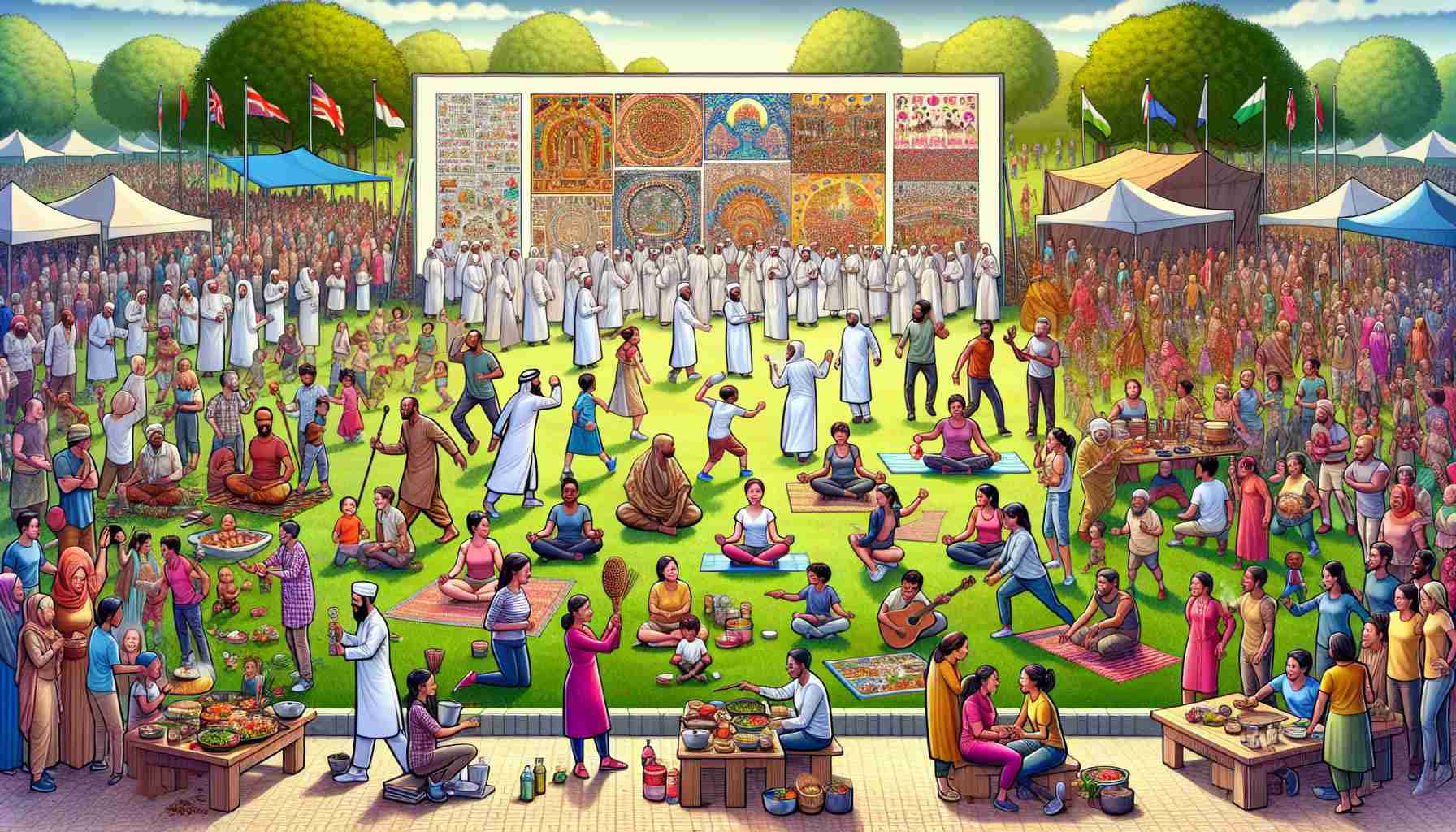 A detailed, high-definition image capturing the theme 'Celebrating Cultural Wellness: The Evolution of Community Health'. It depicts a festive gathering in a park filled with people of various descents, such as Middle-Eastern, Hispanic, Caucasian, Black, and South Asian, all participating harmoniously. These people, both men and women, are engaged in different healthy community activities like group yoga, outdoor cooking with nutritious food, and children playing traditional games from their respective cultures. Additionally, include visual elements that indicate progression – perhaps community health posters from past centuries evolving into modern health apps displayed on a giant LED screen.