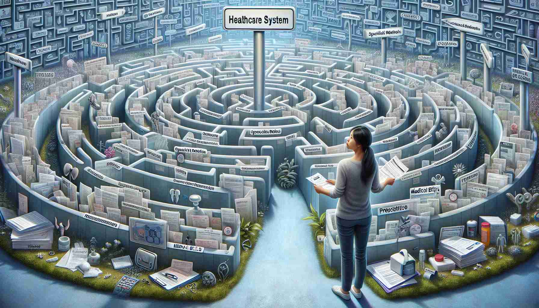 A highly detailed and realistic high-definition illustration representing the challenges of navigating healthcare systems. Picture a perplexed individual standing at the entrance of a labyrinth made of medical symbols and documents. The labyrinth is sprawling and complex, a metaphor for healthcare systems. The individual, an East Asian female, holds medical bills and insurance papers, looking worriedly at the daunting complex in front of her. She is standing under a sign that says 'Healthcare System' and there are various pathways leading into the labyrinth marked with signs like 'Insurance', 'Medical Bills', 'Specialist Referrals', and 'Prescription Medication'.