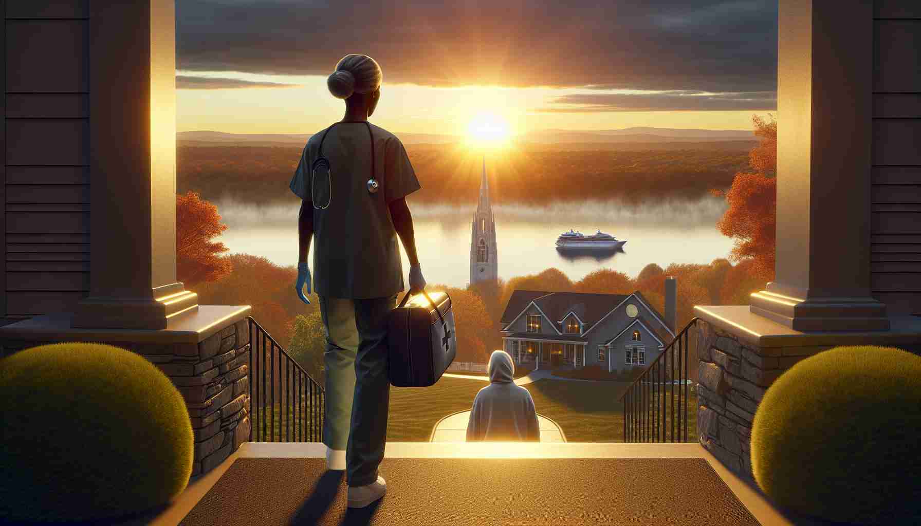 A high-definition, realistic image of a fresh start symbolised by a morning sunrise in Connecticut in relation to home health care workers. The scene could show a Black female home health care worker arriving at her patient's house, with a sun just beginning to rise over a tranquil Connecticut landscape in the background. The worker could be shown in her uniform carrying a bag of medical tools, signifying a new day and a promising outlook for the home health care industry in the region.