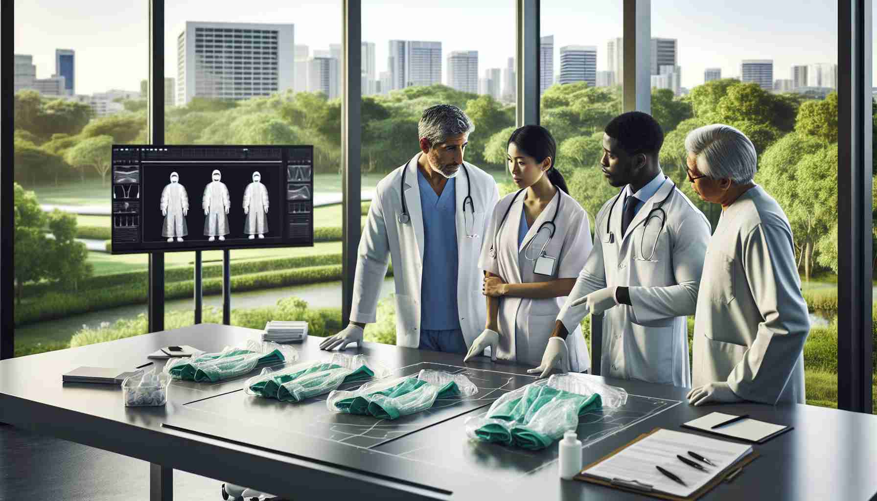 An image in high-definition quality that embodies the concept of promoting sustainable practices within the healthcare industry. A group of healthcare professionals - a middle-aged Hispanic male doctor, a young Black female nurse, and a senior South Asian male technician - discussing over a blueprint about the installation of solar panels on the roof of a hospital. In the foreground, there are reusable medical garments neatly arranged. Just behind, an LCD monitor displays a presentation on 'Waste Management and Recycling in Healthcare'. The room is filled with soft daylight filtering through a large window with a view of a lush green park.