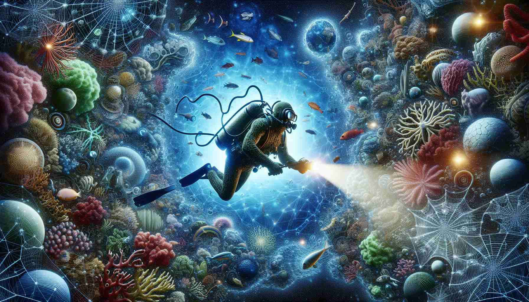 An intricately detailed, high-definition image representing the concept of exploring the depths of provider networks. Portrayed is an underwater scene with a diver symbolizing a network provider, surrounded by various marine wildlife, representing different network nodes and connections. The diver, an African man, is equipped with modern technology, reflecting innovation in network exploration. Imply the diversity and complexity of the network with a vast array of colorful coral formations, each symbolizing a unique network node. The light from the diver's flashlight brings out intricate details, symbolizing insights gained from deep network exploration.