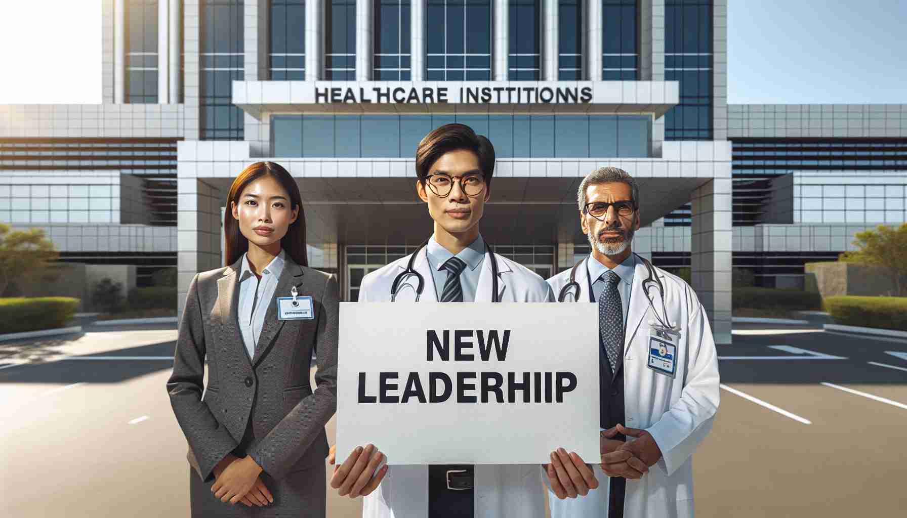 A high-resolution photo representing the announcement of new leadership within a set of healthcare institutions. The image is serious, professional, and respectable, showing four individuals standing in front of a modern healthcare facility. The first individual is an Asian female, in business attire, holding a sign that reads 'New Leadership'. The second is a Caucasian male with glasses, wearing a medical lab coat. The third person is a Hispanic female dressed in a suit, and the fourth is a Middle Eastern male wearing a traditional thoub and a stethoscope around his neck. Behind them, the building displays a sign that reads 'Healthcare Institutions'. It is daytime.