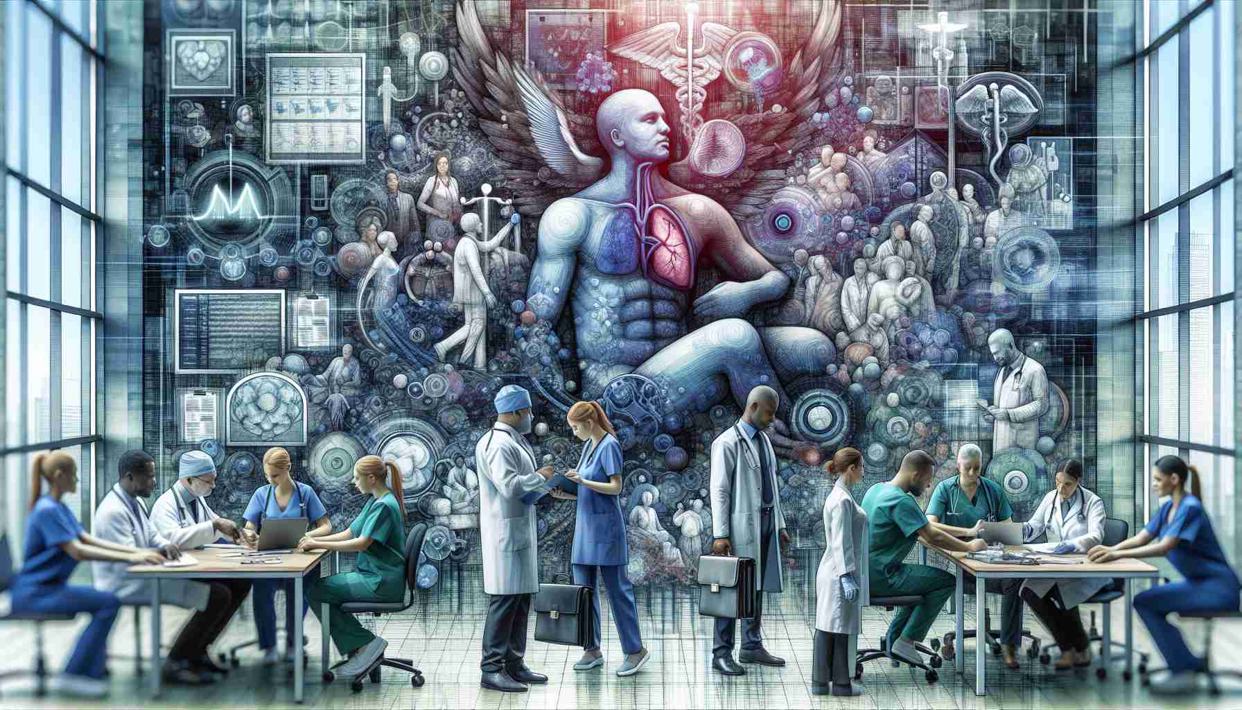 An intricately detailed, high-definition image that embodies the concept of overcoming challenges in healthcare delivery. Idealistically, show medical professionals of diverse descents and genders working cohesively in a modern hospital setting. Possibly include elements such as hospital staff consulting over patient charts, the use of state-of-the-art medical equipment, telemedicine sessions happening in real-time, and pharmacy professionals streamlining medication delivery. At the heart of the scene, present a depiction of a patient – safe, cared for, and healed – symbolizing the victory over healthcare hurdles.