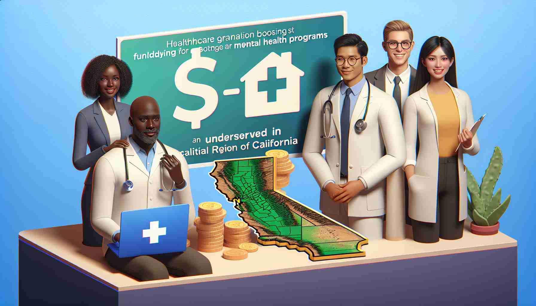 Produce a High Definition, realistic image illustrating a healthcare organization boosting funding for mental health programs in an underserved region of California. The picture should depict an emblem or banner signifying the donation, alongside a map of the relevant area. Include diverse individuals - a Black woman, a White man, a South Asian woman and a Hispanic man - each wearing professional attire, symbolizing progress in mental health care.