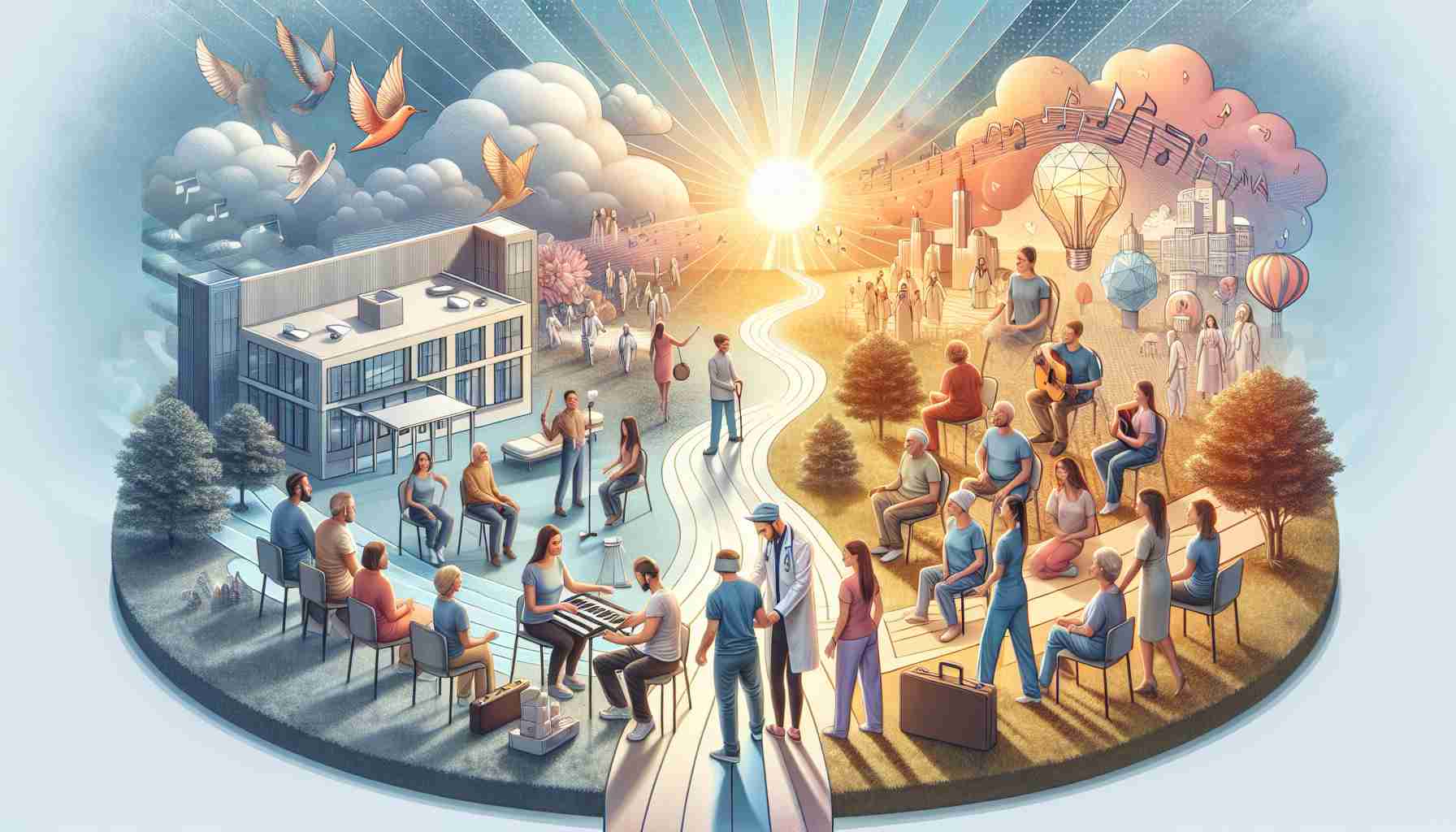 A high-definition illustration showcasing the transformation and evolution of mental health services in Ukraine. Picture a modern facility designed for patient comfort and promoting mental wellbeing, with therapists and patients engaging in various types of therapies – cognitive, group, music. Depict individuals of diverse descents and genders – Ukrainian, South Asian, Caucasian, Hispanic, men, women, non-binary people – actively participating in programs. Include imagery symbolizing holistic healing and progress - perhaps a rising sun, a healthy tree, or a road leading towards a brighter horizon.