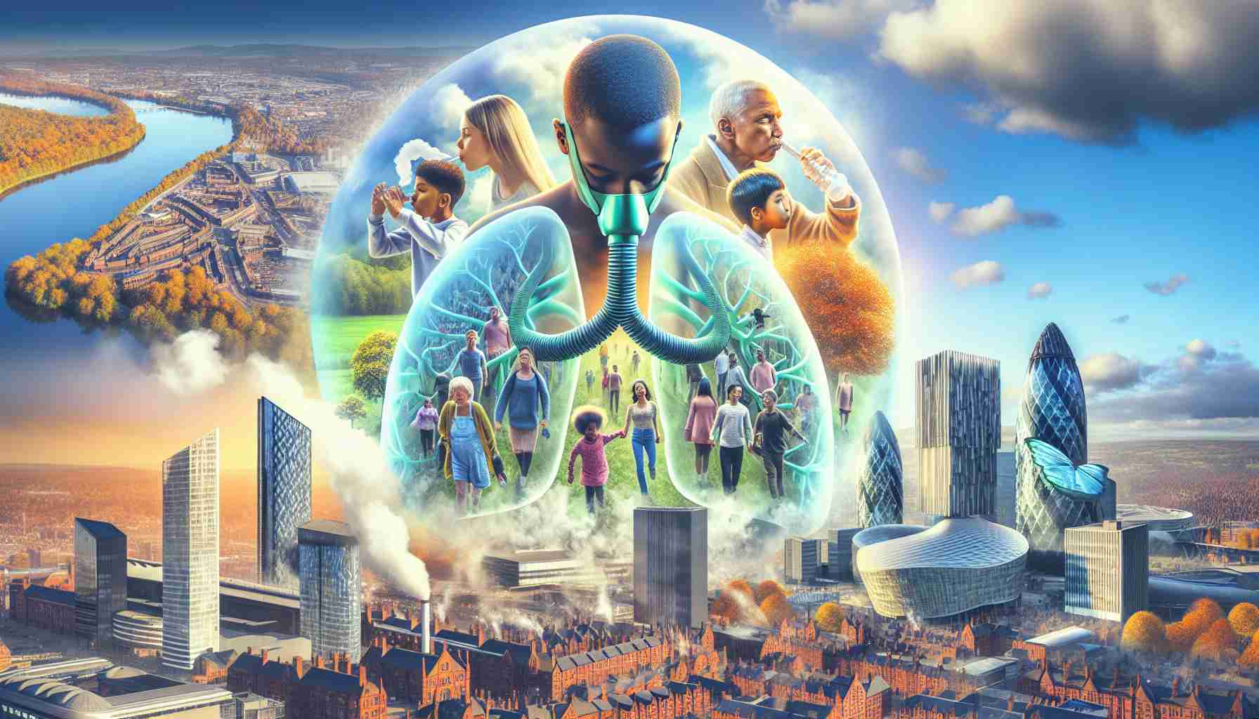 Generate a realistic, high-definition photo symbolizing a new era for respiratory health in the city of Manchester. This could include depictions of people of varying descents and genders, young and old, enjoying clean and fresh air. Use elements such as a cityscape of Manchester including its iconic buildings and an enhanced emphasis on green spaces, environmental sustainability and improved air quality.