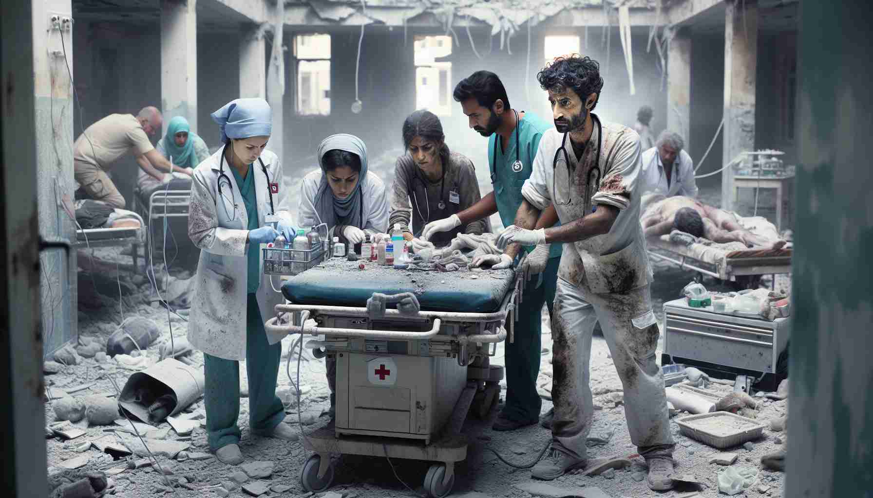 Generate a realistic, high-definition image capturing the challenges of healthcare in conflict zones. Specifically, it should depict an abandoned, damaged hospital with sparse medical equipment. Include indicators of its location in a conflict zone, such as nearby explosions or military elements. Show a mix of desperate healthcare professionals including a Hispanic male nurse, a South Asian female doctor, a Middle Eastern male paramedic, and a White female surgeon, all trying their best to provide medical aid. The expression of struggle, resilience and determination should be evident on their faces.