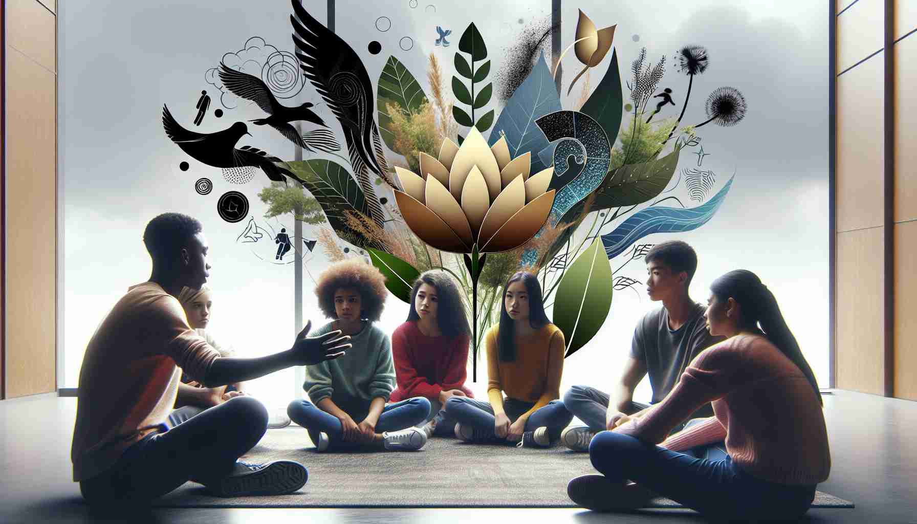 Generate a realistic, high-definition image that depicts the concept of improving adolescent mental health awareness. The image could include a diverse group of teenagers, one Hispanic female and one Black male, participating in supportive discussions. They can be in a safe, nurturing environment like an open-air counselling session or might be engaged in activities that promote mental wellness such as yoga or mindfulness. Also, incorporate creative symbols of growth and resilience such as budding plants or trees, the phoenix, or the lotus flower to illustrate the concept of mental health recovery.