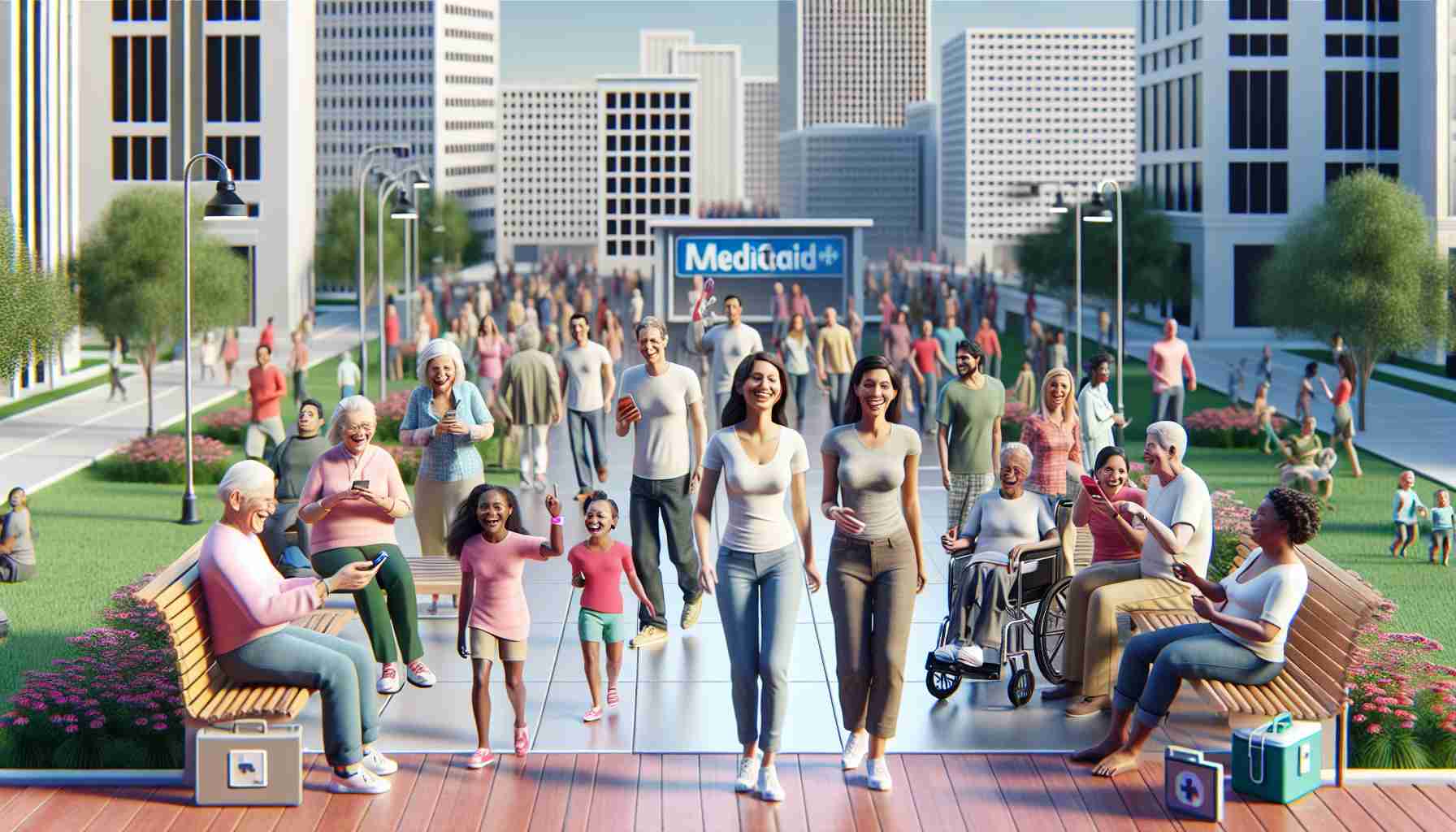 Render a high-definition, realistic image symbolizing the unseen impact of Medicaid on American lives. Visualize a diverse group of American people from various descents such as Hispanic and Caucasian, young and old, joyfully living their lives, with subtle symbols of health and wellbeing like medical bracelets or health apps on their phones evident. Integrate architectural elements that represent healthcare facilities such as hospitals or clinics, and environments that depict average American communities in the background.