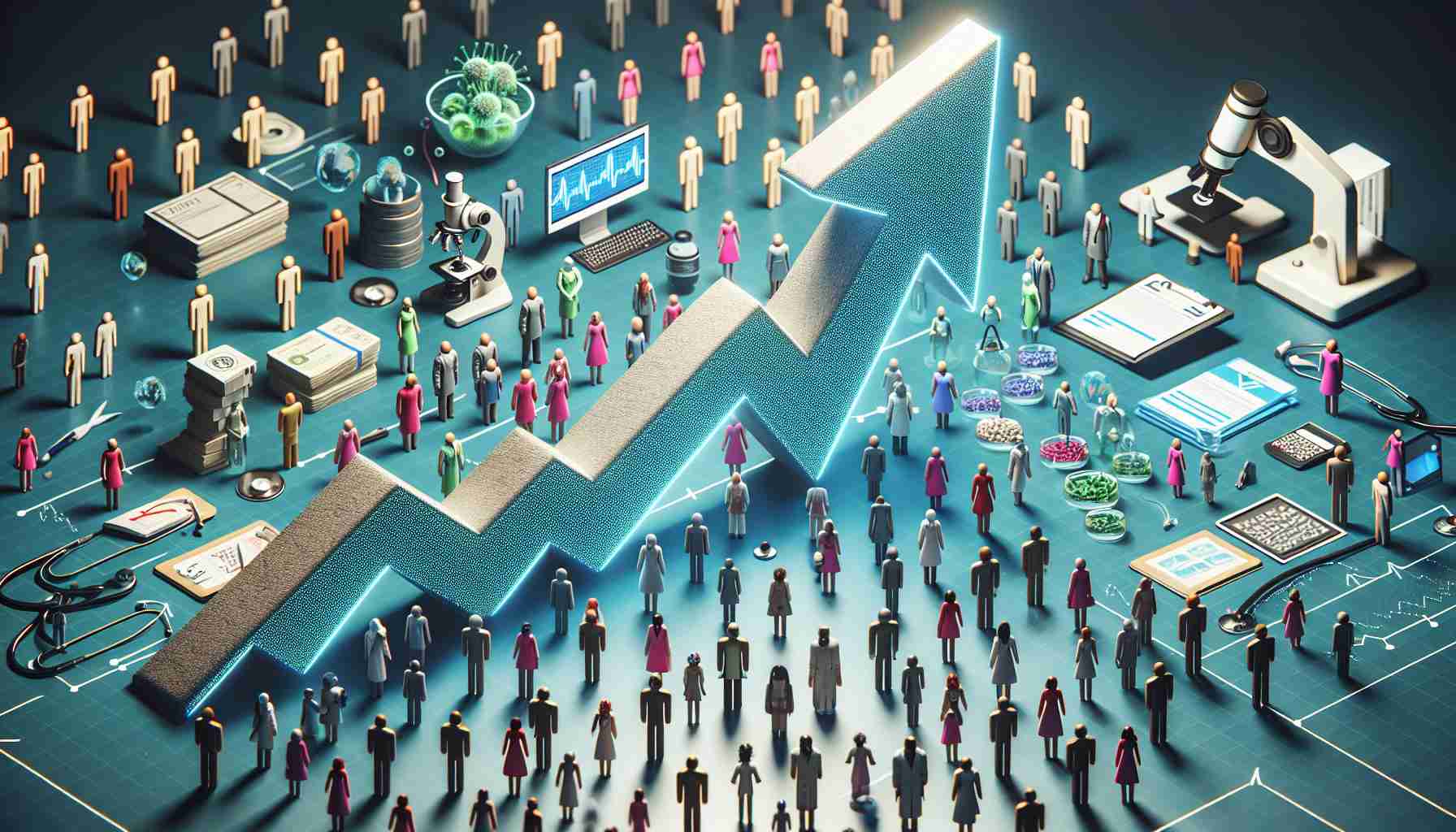 A high-definition, realistic visualization displaying the rise of patient-centric health insurance models. The image features a large upwards arrow graphically demonstrating the increasing trend. Surrounding the arrow are multiple small human figures of all genders and descents. Some figures are wearing patient gowns while others are suited in healthcare professional attires. Tools like stethoscope, microscope, prescription pad, and computer could also be seen in the scene symbolizing various aspects of healthcare. Additionally, a few figures could be seen clicking on digital platforms, indicating the use of technology in insurance models.