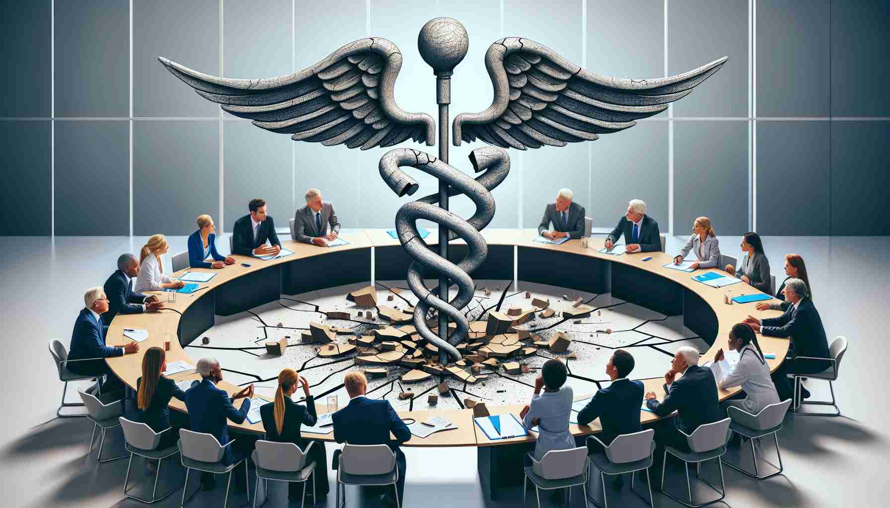 A high-resolution, true-to-life photograph showcasing the symbolic concept of the need for a new approach to health care reform. The image could feature various elements like a broken medical caduceus symbol suggesting the current failing system, a group of diverse men and women from different descents representing the public, and some of them brainstorming for innovative ideas, emphasizing on the need for a new methodology. The setting could be a professional meeting room or a public forum, reinforcing the urgency and seriousness of the issue.