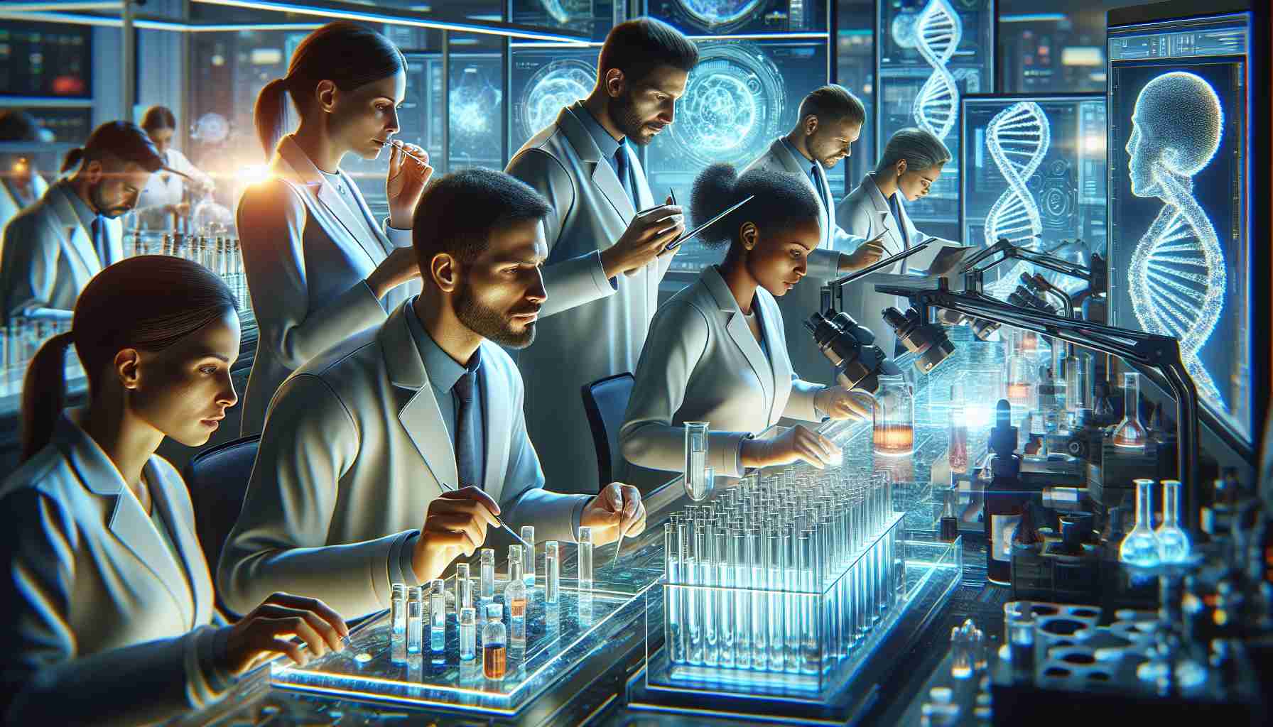 A highly detailed and realistic image illustrating the exploration of a groundbreaking medical breakthrough. The scene takes place in a state-of-the-art research laboratory filled with advanced equipment. A group of diverse scientists, including a Caucasian woman, a Black man, a Middle-Eastern woman, and a Hispanic man, are engrossed in their work. They analyze samples, consult complex diagrams, and manipulate the high-tech devices around them, their faces lit with a sense of discovery and excitement. Vials filled with an innovative medicine glow softly on the lab bench. It's a portrayal of hope and progress in the field of medicine.