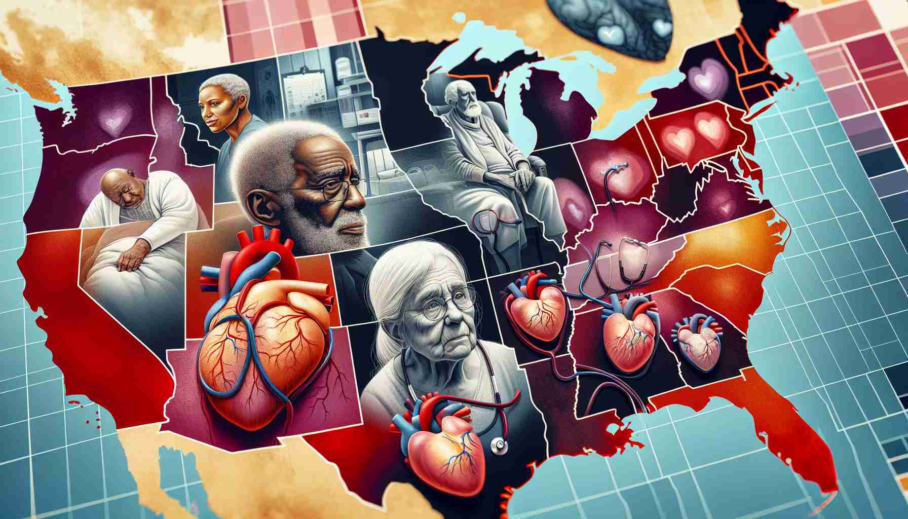 A detailed, high-definition illustration conveying disparities in palliative care access for patients with heart failure in the United States. In the foreground, a visual symbolic representation of heart failure. In the background, a map of the United States depicting varying levels of accessibility. Some areas are presented with a rich, vibrant color indicating good access to palliative care, while others are rendered in paler shades, elucidating less access. Sprinkled throughout are realistic depictions of patients; an older Black woman, a middle-aged Hispanic man, a young Caucasian woman, each exhibiting signs of heart failure.