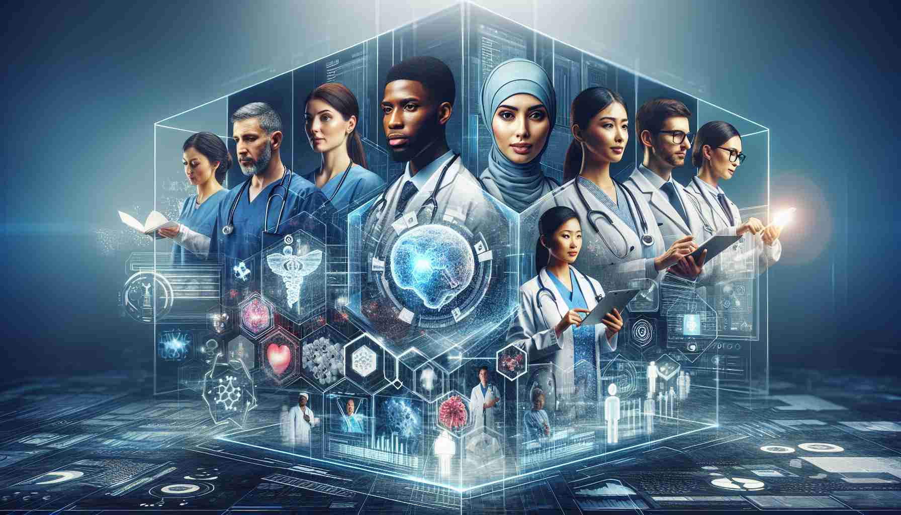 Imagine a detailed, high-definition digital representation that symbolizes the concept of revolutionizing healthcare. The image could include elements such as medical professionals from various backgrounds, including a Middle-Eastern female doctor, a Black male nurse, and an Asian female researcher, all working together in a high-tech environment. Depict the essence of innovation, perhaps through portrayals of futuristic medical devices and advanced software interfaces. In the background, have tangible representations of data, like holographic charts, graphs, and numbers, indicating the crucial role of data solutions in modern healthcare.