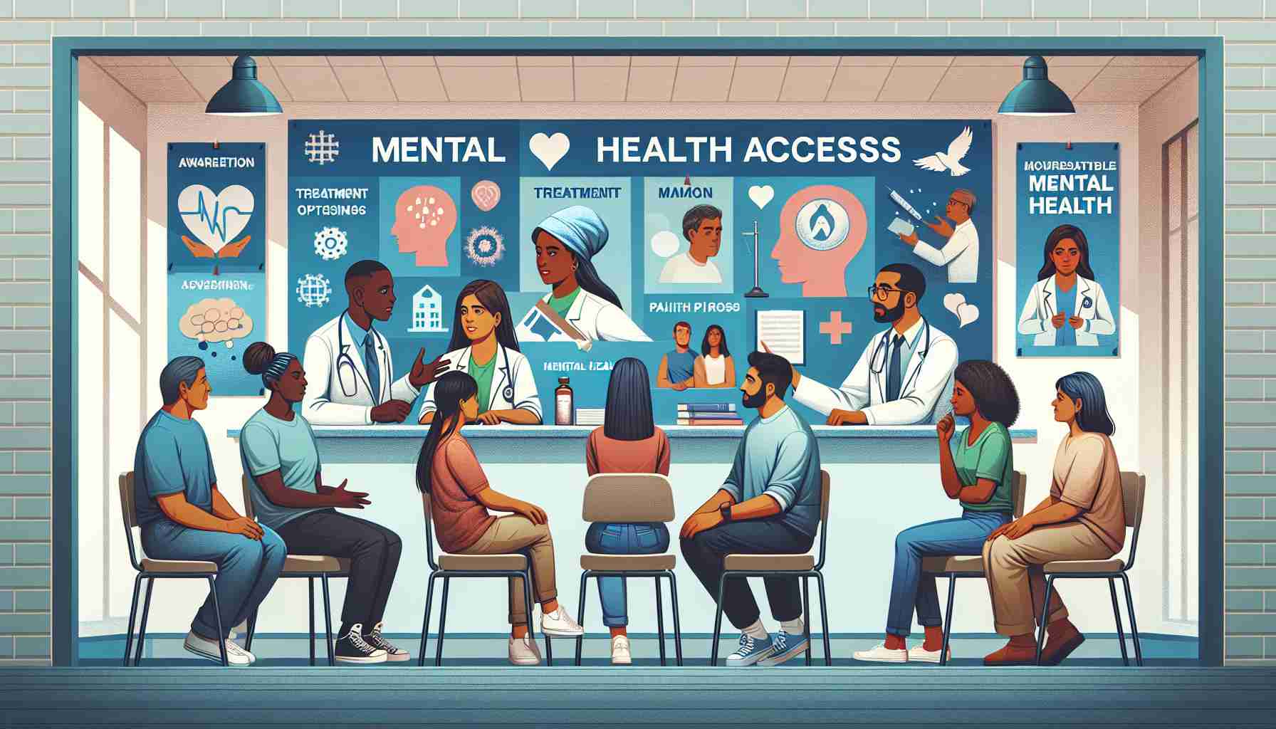 Visual depiction of initiatives to improve mental health access in local communities. The image focuses on an array of diverse people - a black female counselor talking with a Hispanic male patient, a middle eastern doctor discussing treatment options with an Asian female patient, and a South Asian healthcare worker delivering a talk about mental health awareness to a mixed audience. As the background, there are posters about mental health, promoting awareness, acceptance, and access. This scene unfolds in a community center, which doubles as a comfortable, welcoming mental health clinic.