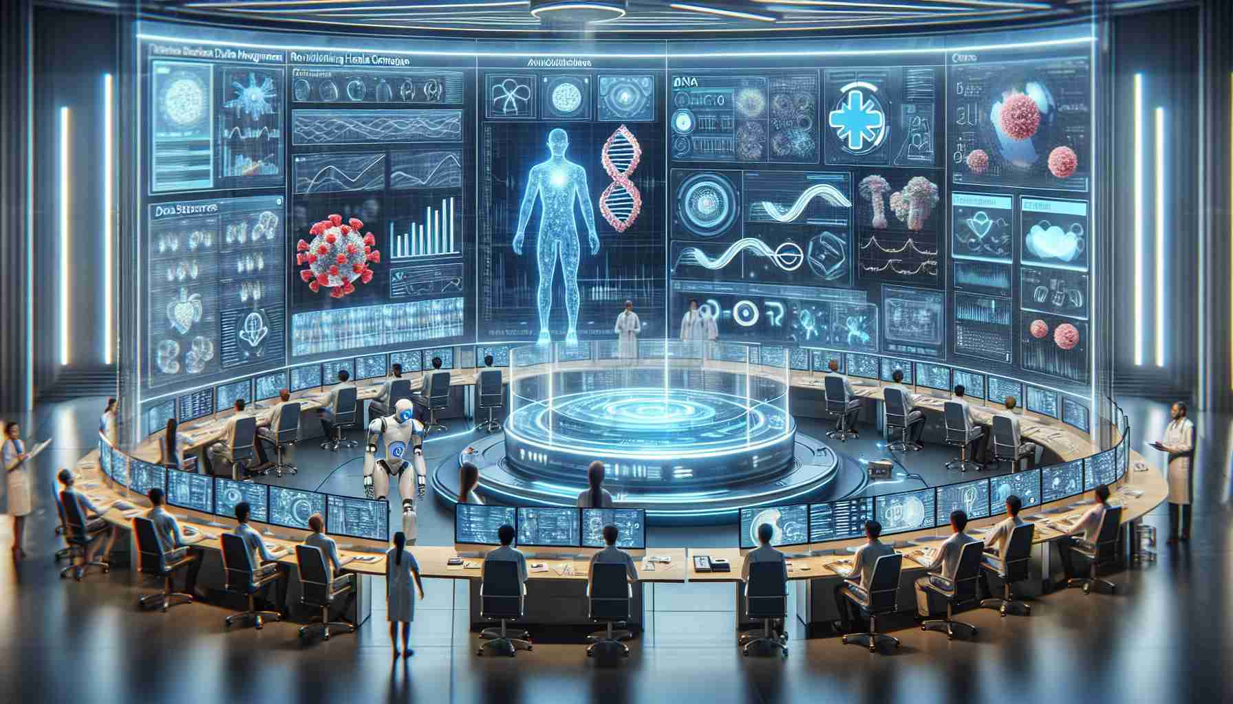 Depict a detailed and hyperrealistic scene focused on revolutionizing healthcare data management. Envision a futuristic control room filled with advanced technology. Show personnel from a variety of descents and genders diligently monitoring health data on enormous transparent screens filled with complicated charts, diagrams, and analytical data. Also include a robotic assistance aiding the personnel. There should be elements like holographic human body models, DNA helixes, magnified virus structures and 3D medical records. Moreover, showcase scenes of seamless data transfer, secure cloud storage symbols and evenly distributed network paths, exemplifying better database organization and increased security.