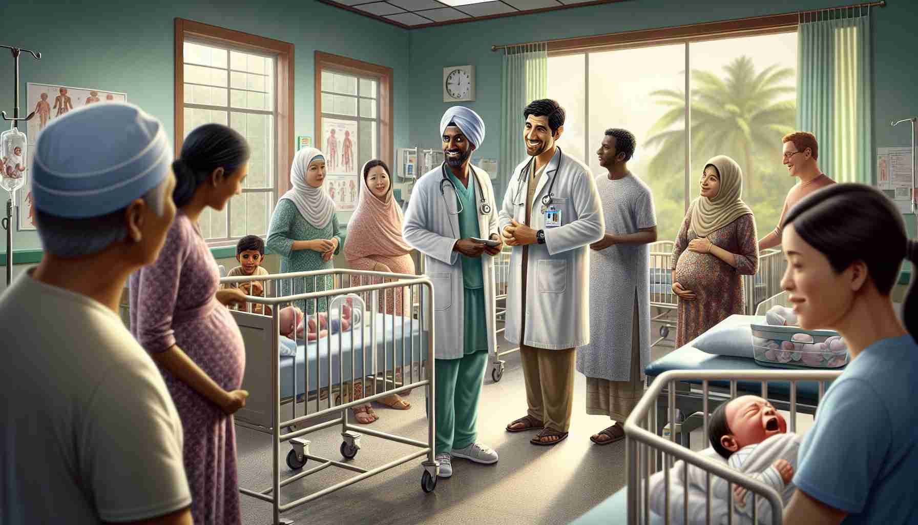 A high-definition, realistic illustration of a day in a rural maternity ward. It captures the warm atmosphere filled with caring medical professionals and expectant families. A South Asian male doctor, donning medical scrubs and a comforting smile, is talking to a pregnant Hispanic woman, and a Black female nurse is seen interacting with a Middle-Eastern family excitedly waiting. The ward has an assortment of essential medical tools and equipment, with babies in cribs and quiet ambiance depicting peace and calm. The room is bathed in the soft glow of natural daylight streaming in from the windows, painting a picture of life and hope.