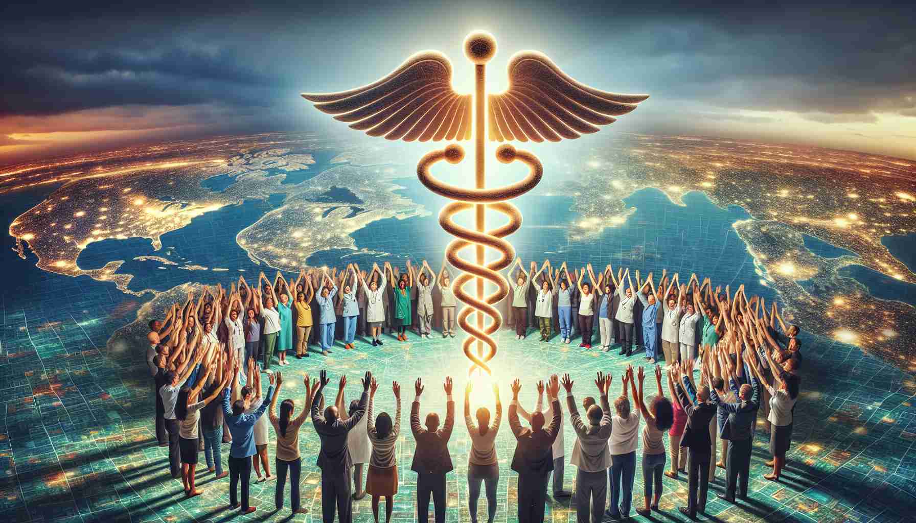 A high definition conceptual image symbolizing the expansion of healthcare access for all Americans. The image includes diverse individuals of different genders and descent like Caucasian, Hispanic, Black, Middle-Eastern, and South Asian, all reaching out towards a common, centrally placed symbol of healthcare – a glowing, luminescent Caduceus (traditional symbol of medicine). The background hints at a vast geographical spread, indicating expansiveness, with elements symbolizing urban and rural settings to show inclusivity. The image portrays optimism, unity, and egalitarianism.