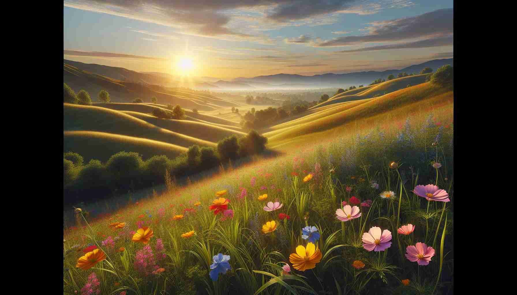 Realistic HD photo of a serene and beautiful landscape featuring rolling hills adorned with vibrant wildflowers under a clear sky with golden sunlight at the end of the day.